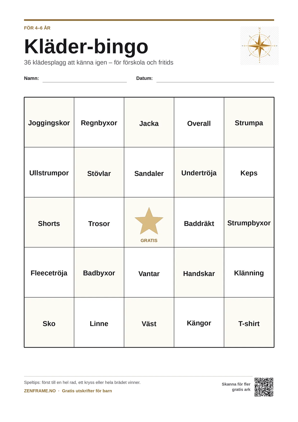 Kläder-bingo för barn 4–6 år – gratis utskrivbart A4-bräde