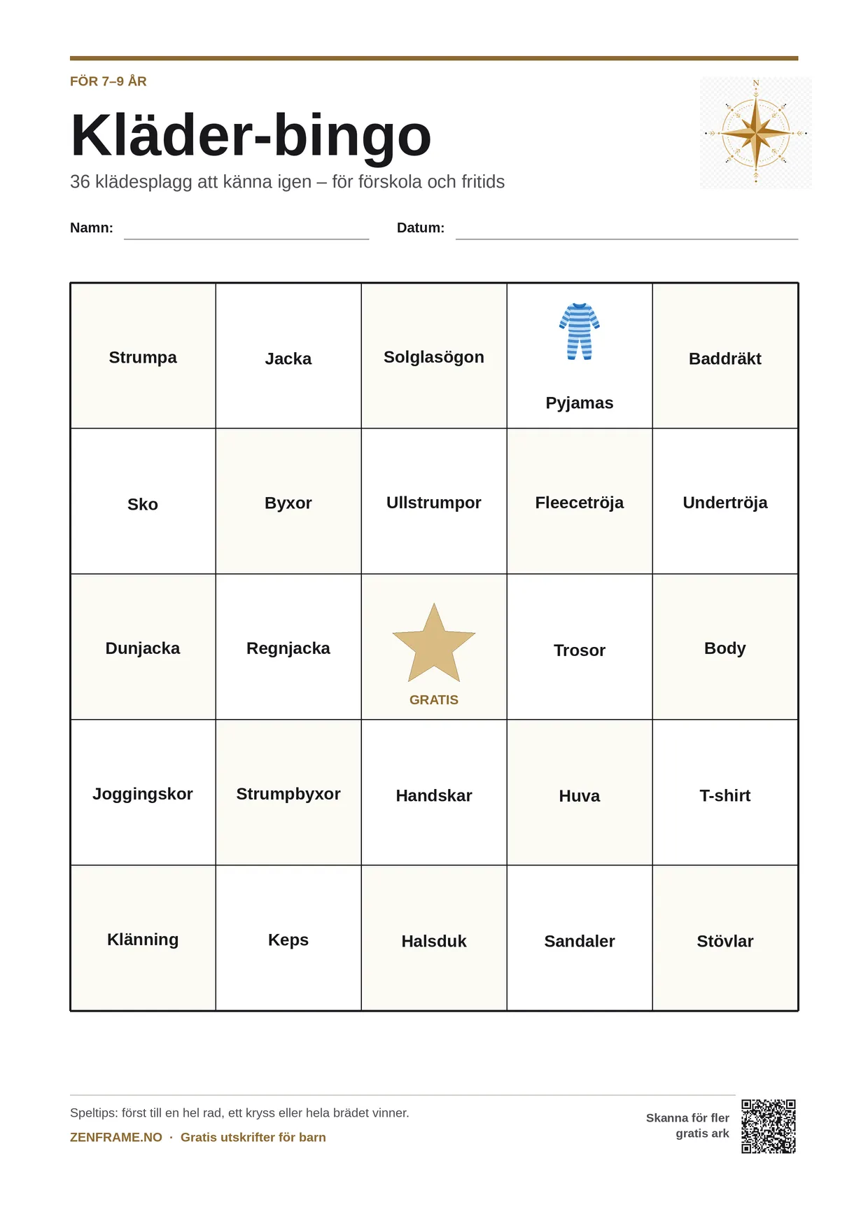 Kläder-bingo för barn 7–9 år – gratis utskrivbart A4-bräde