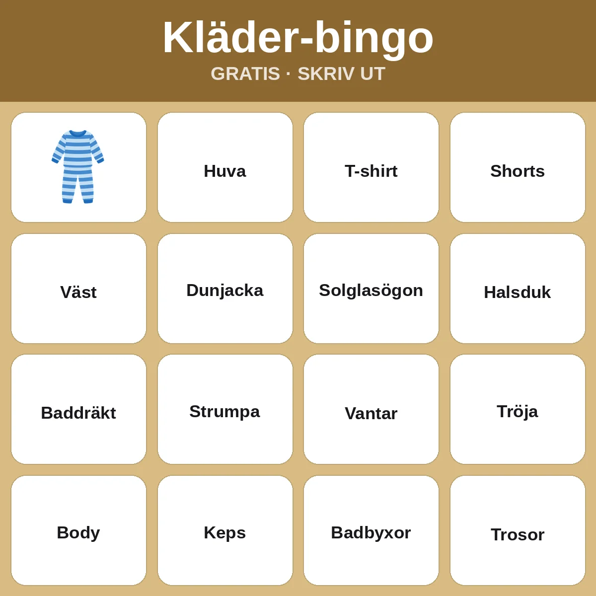 Kläder-bingo – gratis bingo att skriva ut för barn
