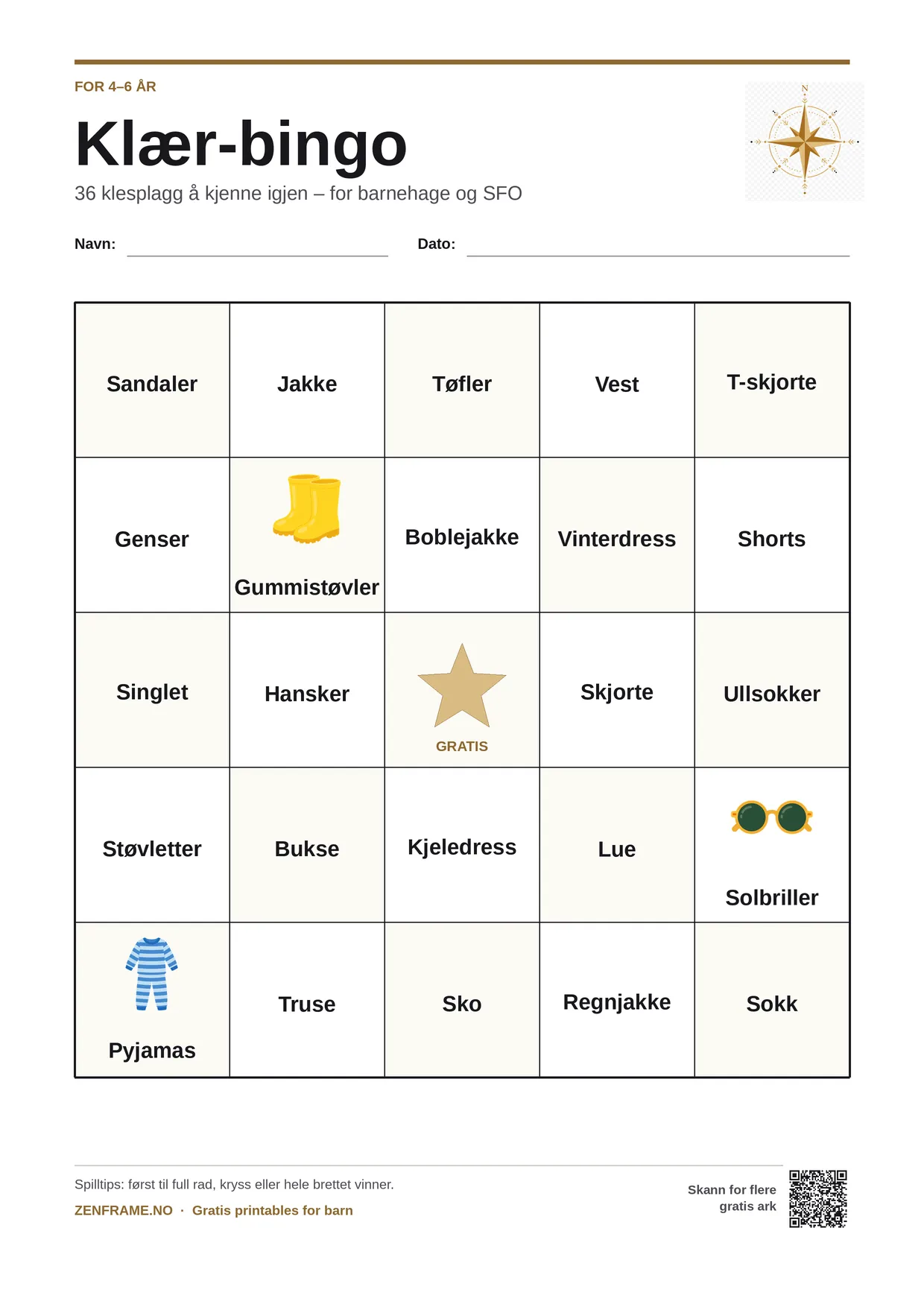 Klær-bingo for barn 4–6 år – gratis utskrivbart A4-brett
