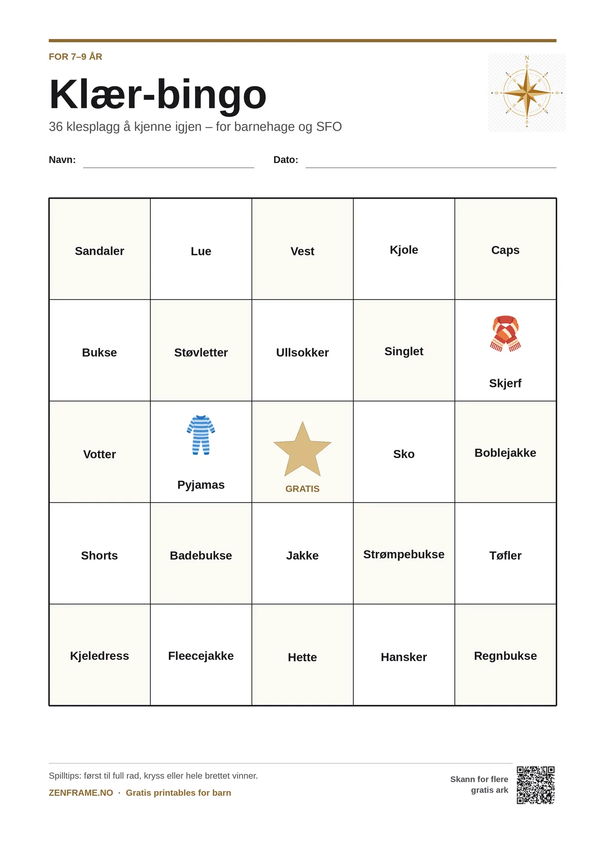 Klær-bingo for barn 7–9 år – gratis utskrivbart A4-brett