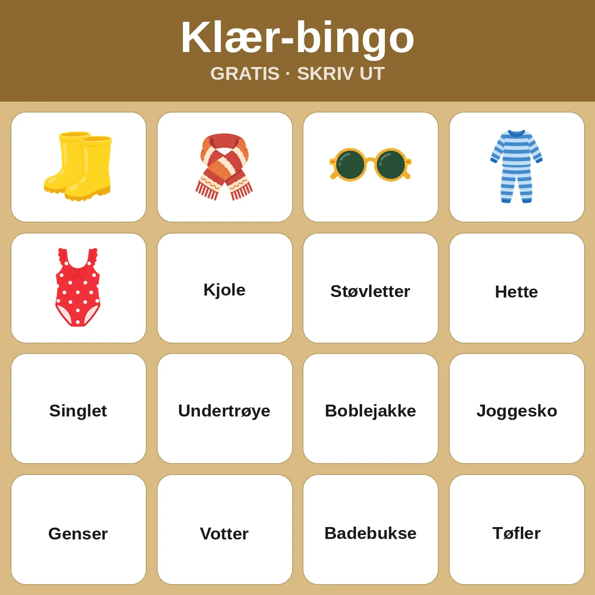 Klær-bingo – gratis bingo til utskrift for barn