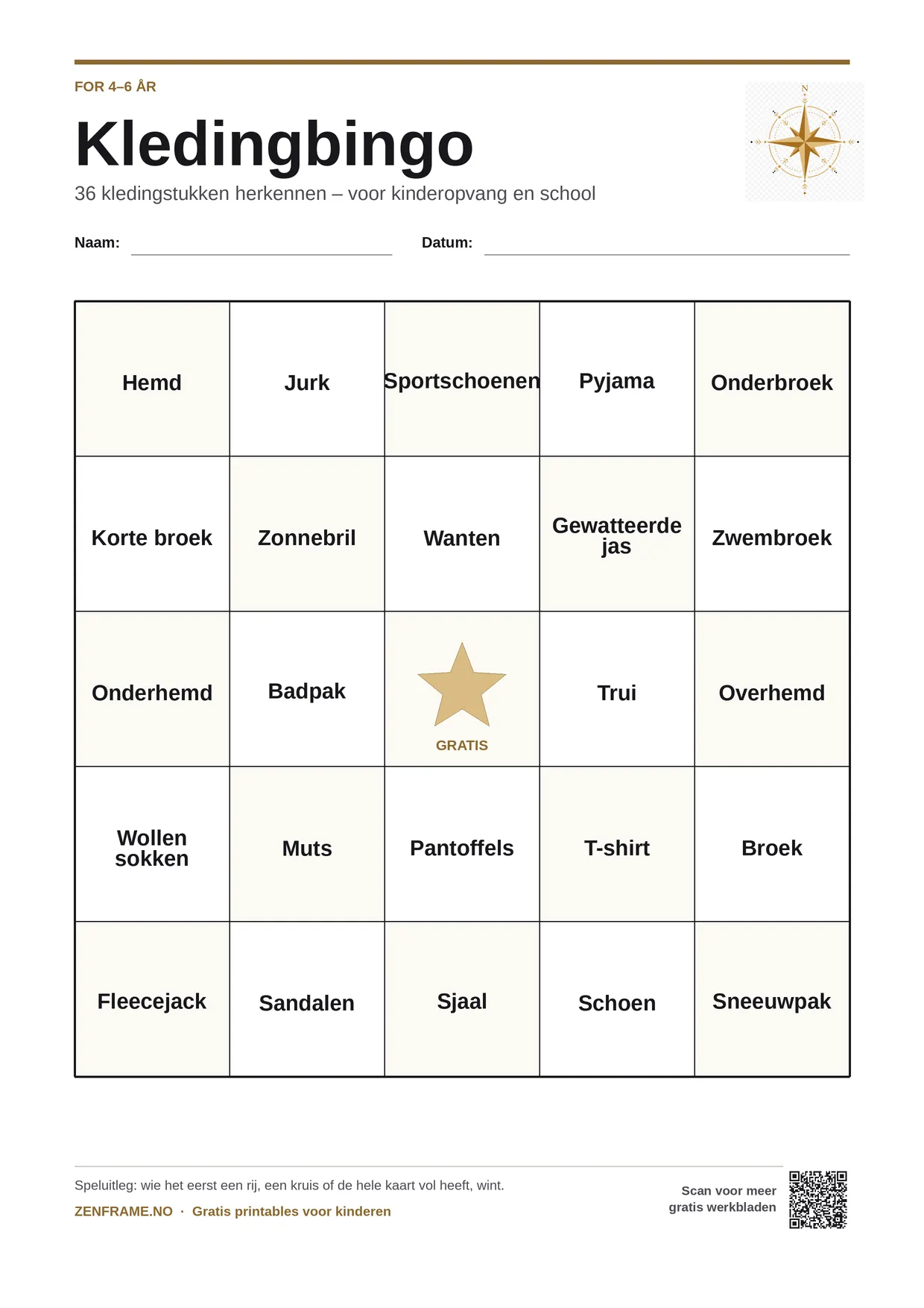 Kledingbingo voor kinderen 4–6 jaar – gratis printbare A4-kaart