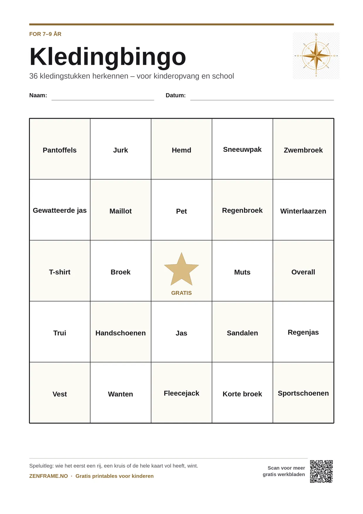 Kledingbingo voor kinderen 7–9 jaar – gratis printbare A4-kaart