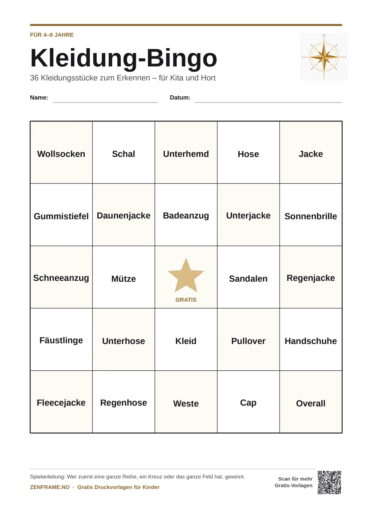 Kleidung-Bingo für Kinder 4–6 Jahre – kostenlose A4-Vorlage zum Ausdrucken