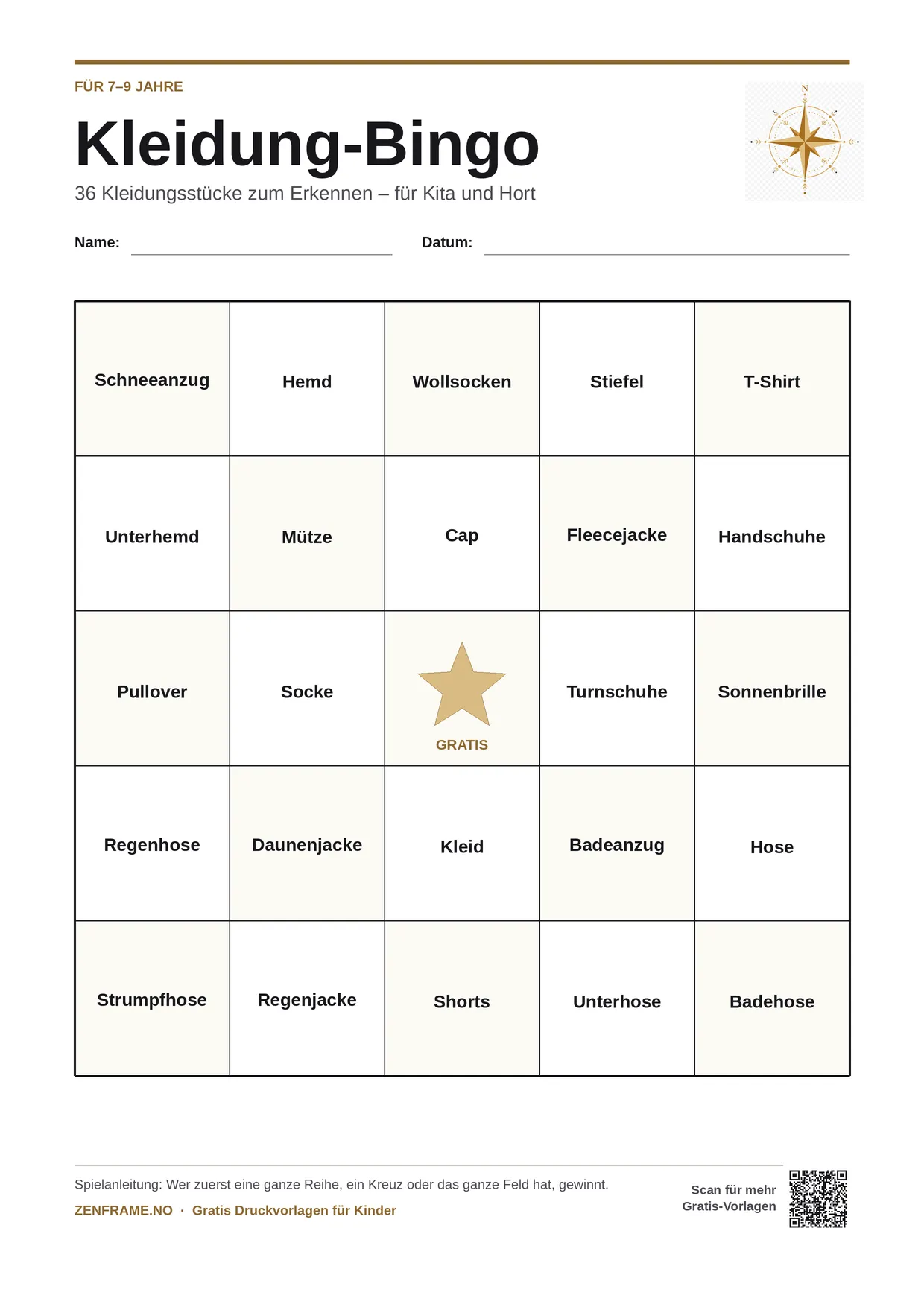 Kleidung-Bingo für Kinder 7–9 Jahre – kostenlose A4-Vorlage zum Ausdrucken