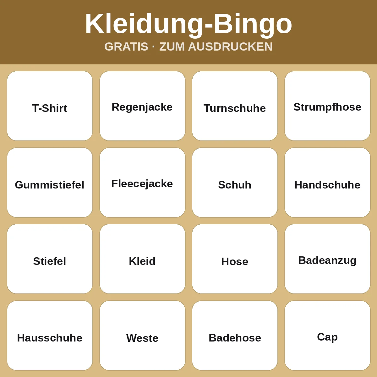 Kleidung-Bingo – kostenloses Bingo zum Ausdrucken für Kinder