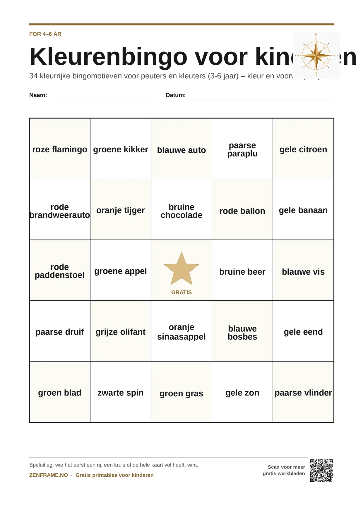 Kleurenbingo voor kinderen 4–6 jaar – gratis printbare A4-kaart