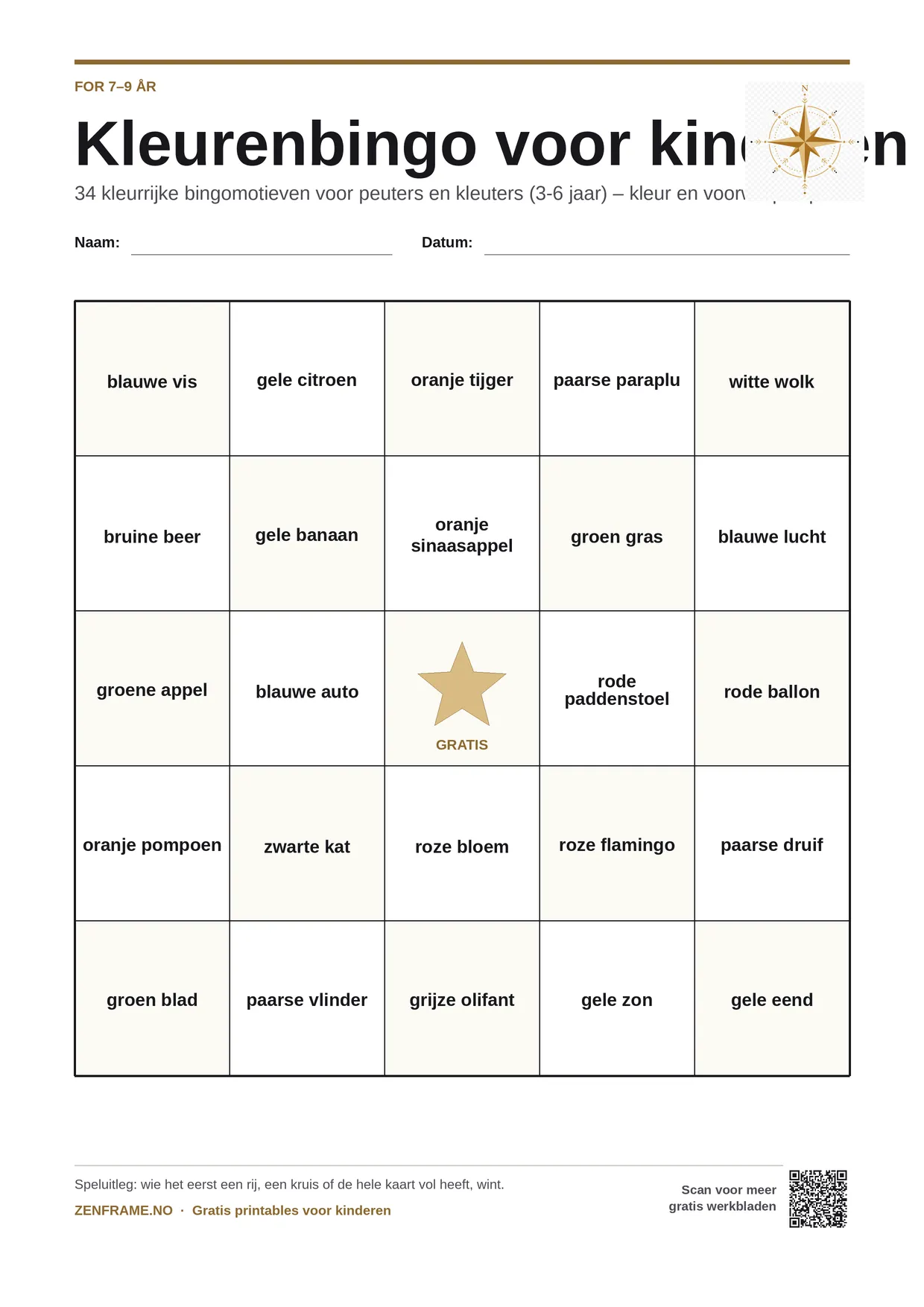 Kleurenbingo voor kinderen 7–9 jaar – gratis printbare A4-kaart