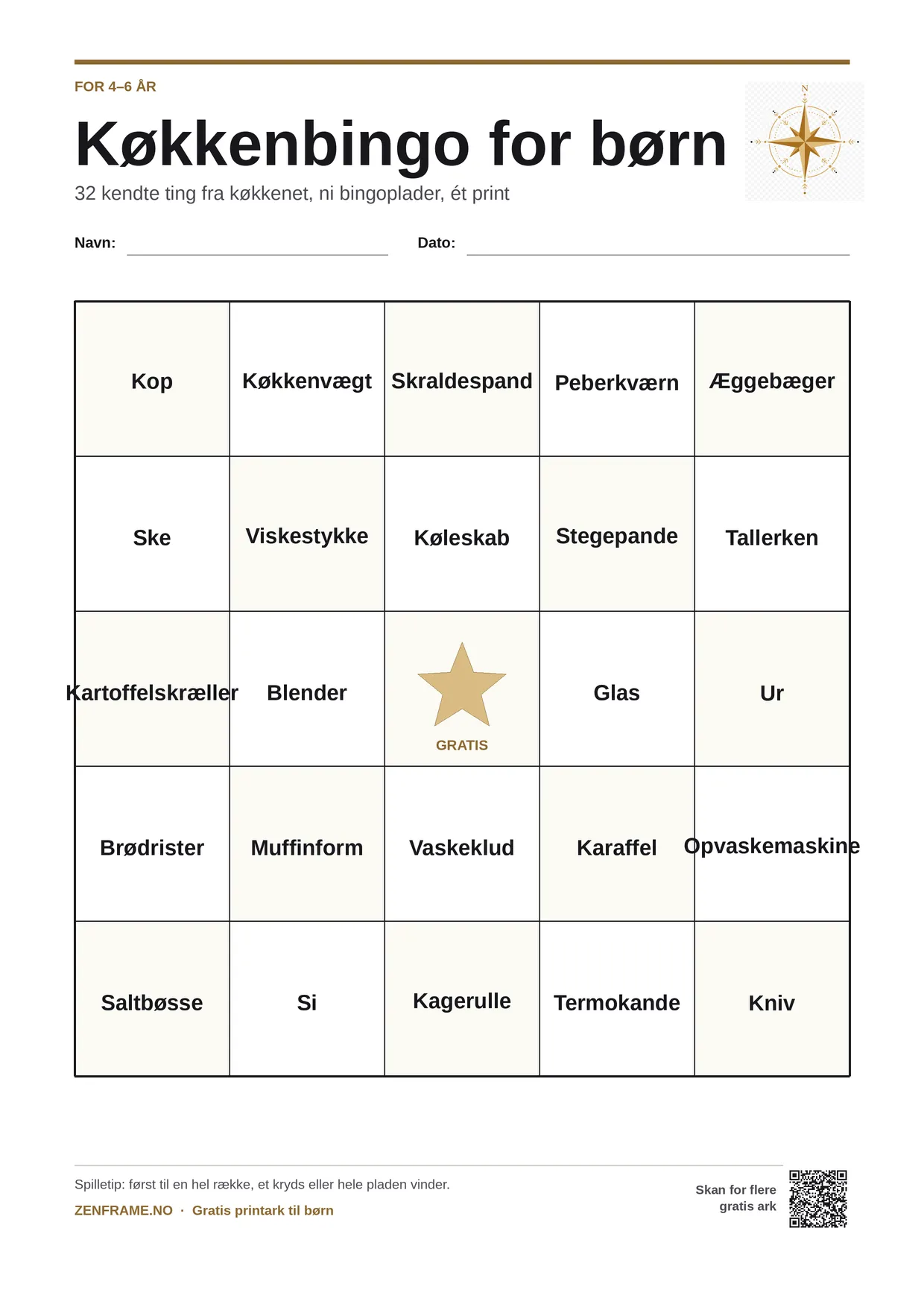 Køkkenbingo for børn 4–6 år – gratis printbar A4-plade