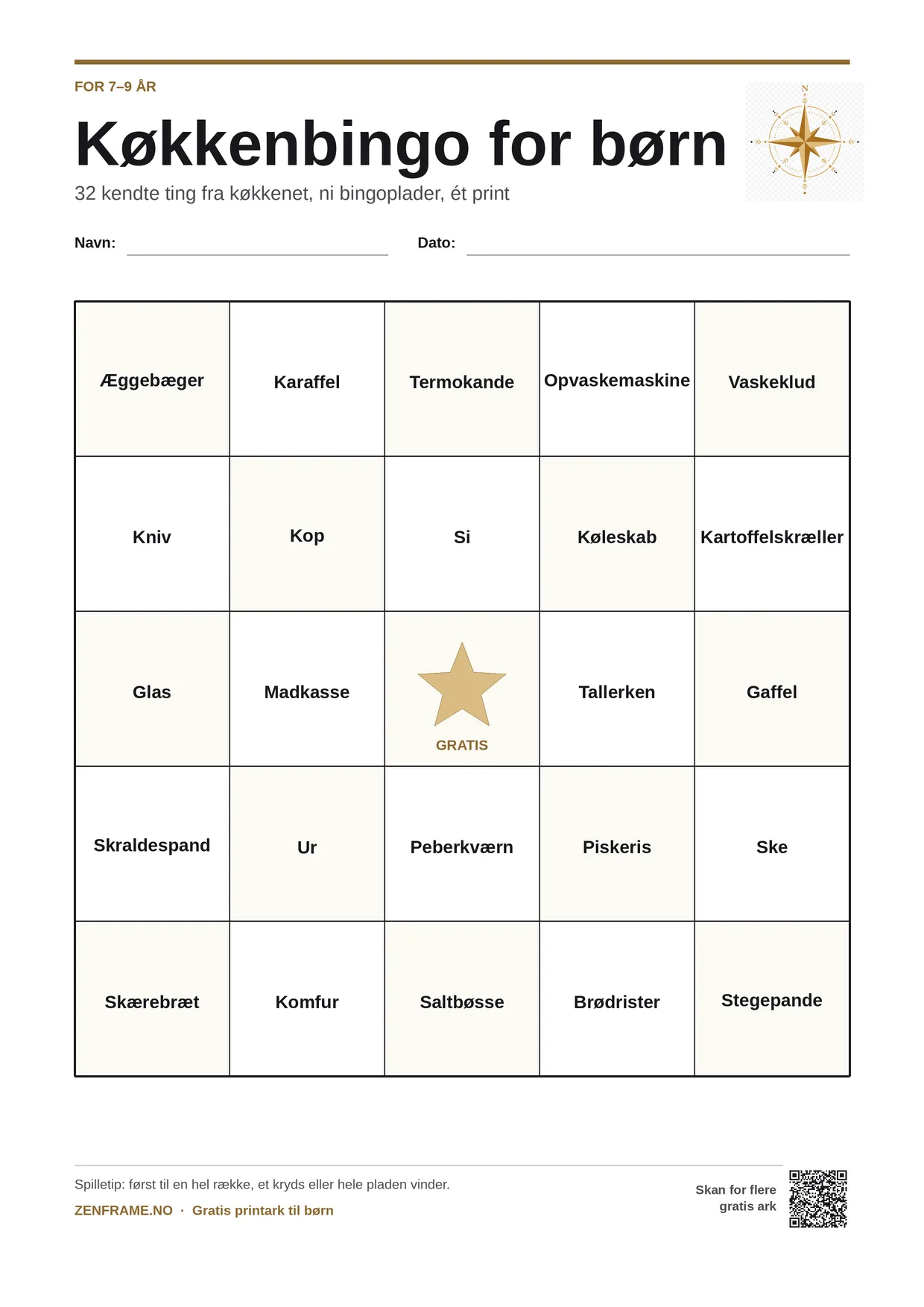 Køkkenbingo for børn 7–9 år – gratis printbar A4-plade