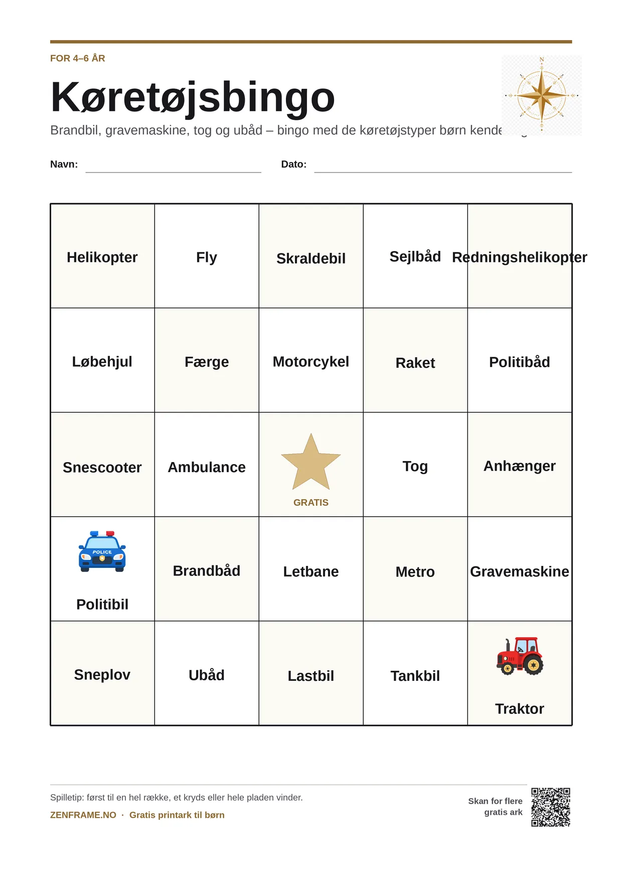Køretøjsbingo for børn 4–6 år – gratis printbar A4-plade