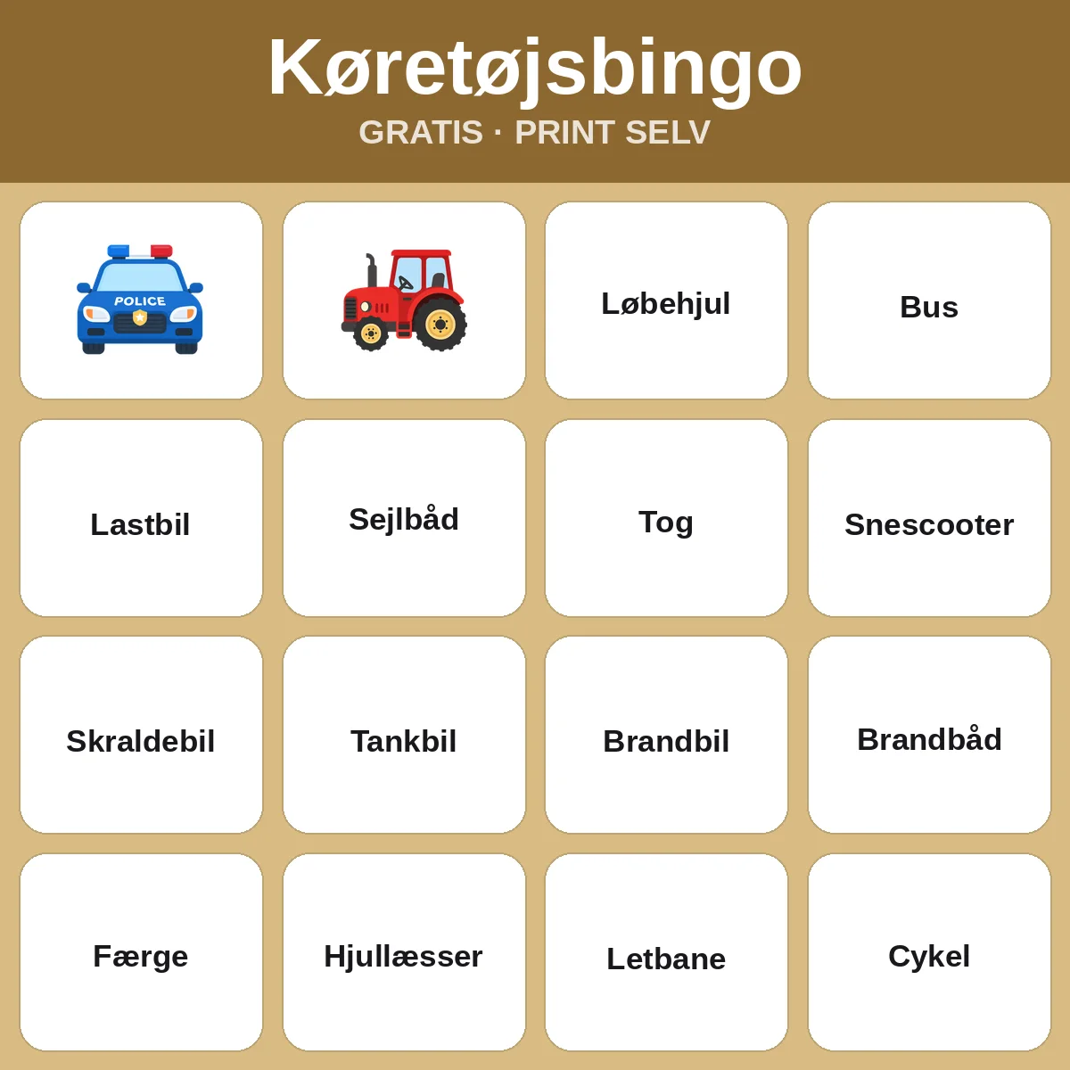 Køretøjsbingo – gratis bingo til print for børn