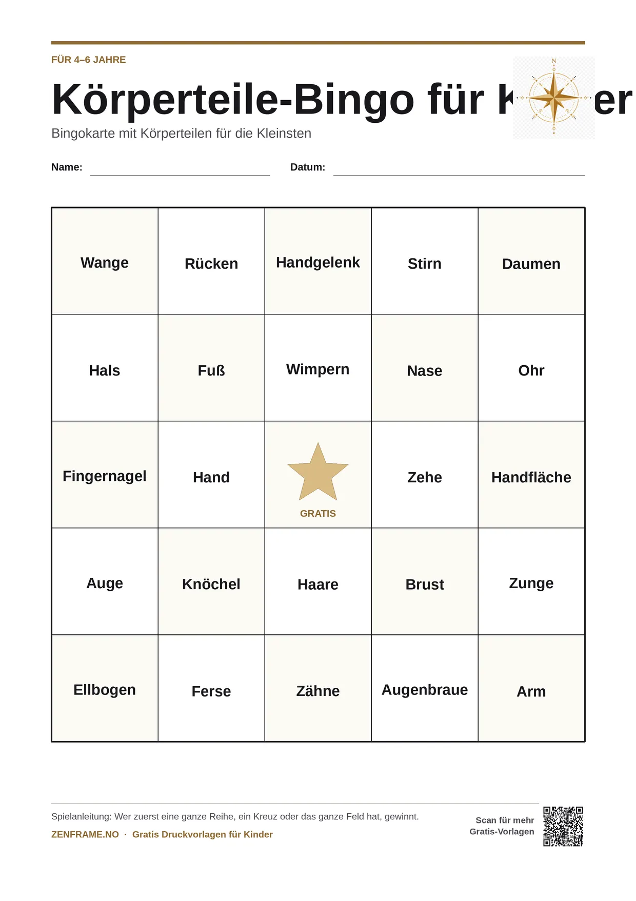 Körperteile-Bingo für Kinder 4–6 Jahre – kostenlose A4-Vorlage zum Ausdrucken