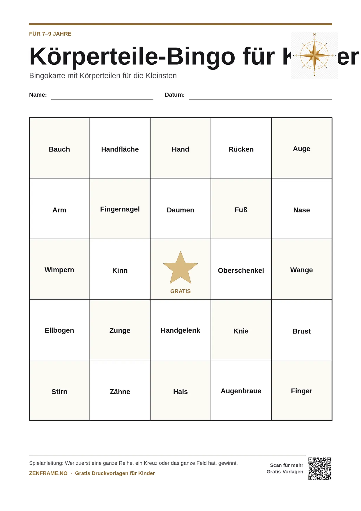 Körperteile-Bingo für Kinder 7–9 Jahre – kostenlose A4-Vorlage zum Ausdrucken