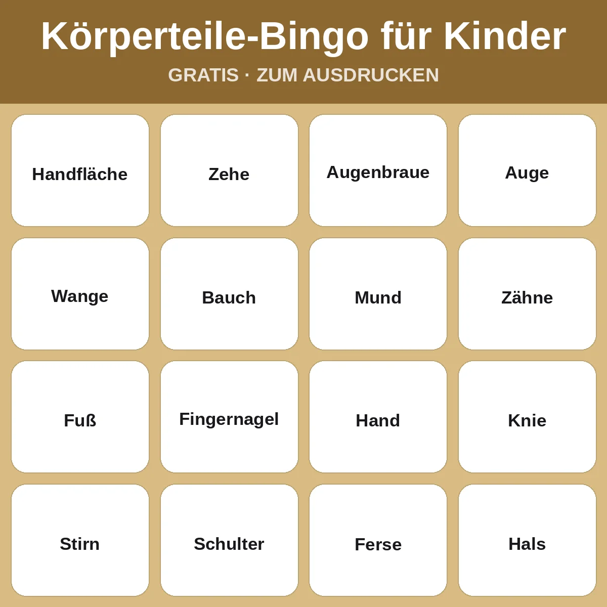 Körperteile-Bingo für Kinder – kostenloses Bingo zum Ausdrucken für Kinder