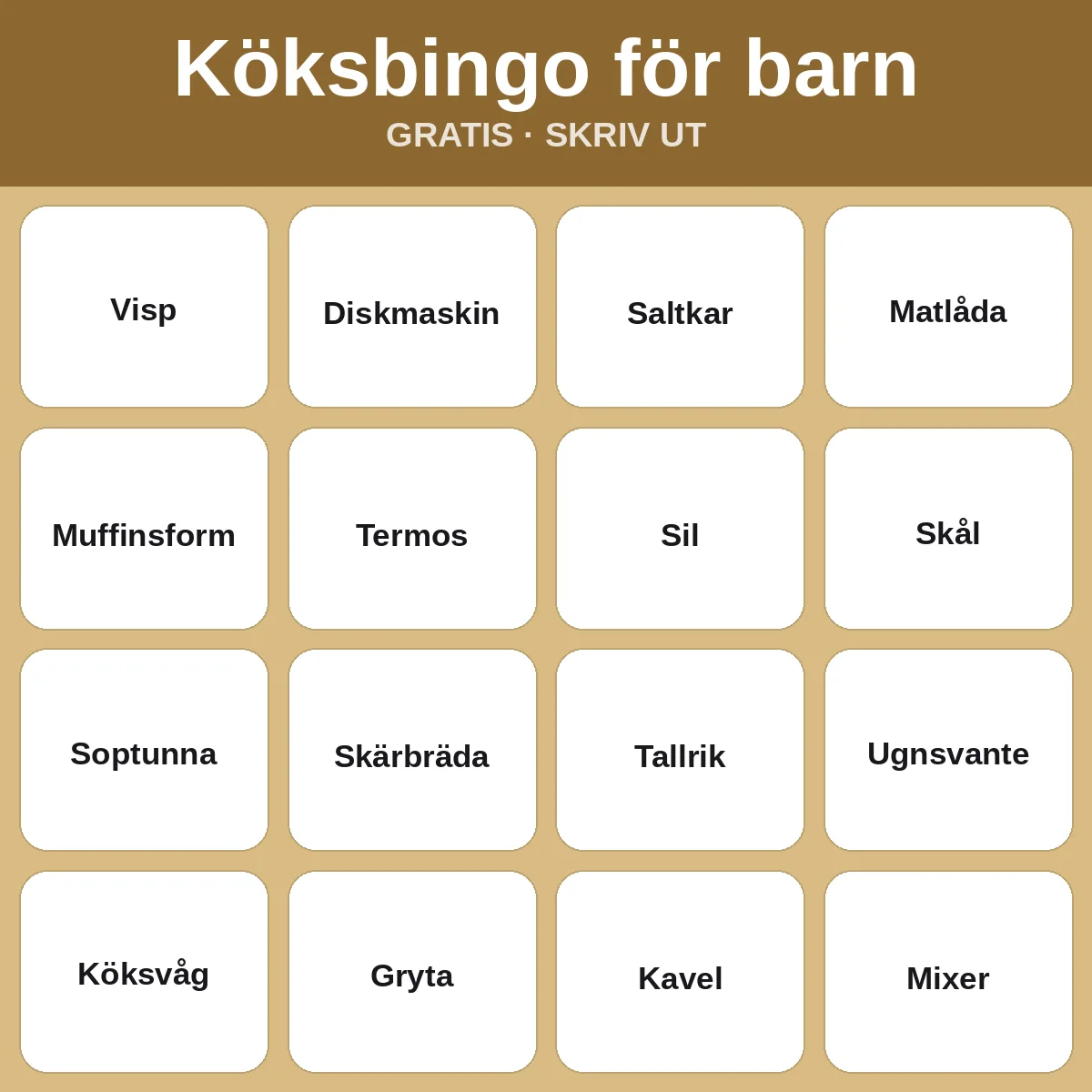 Köksbingo för barn – gratis bingo att skriva ut för barn
