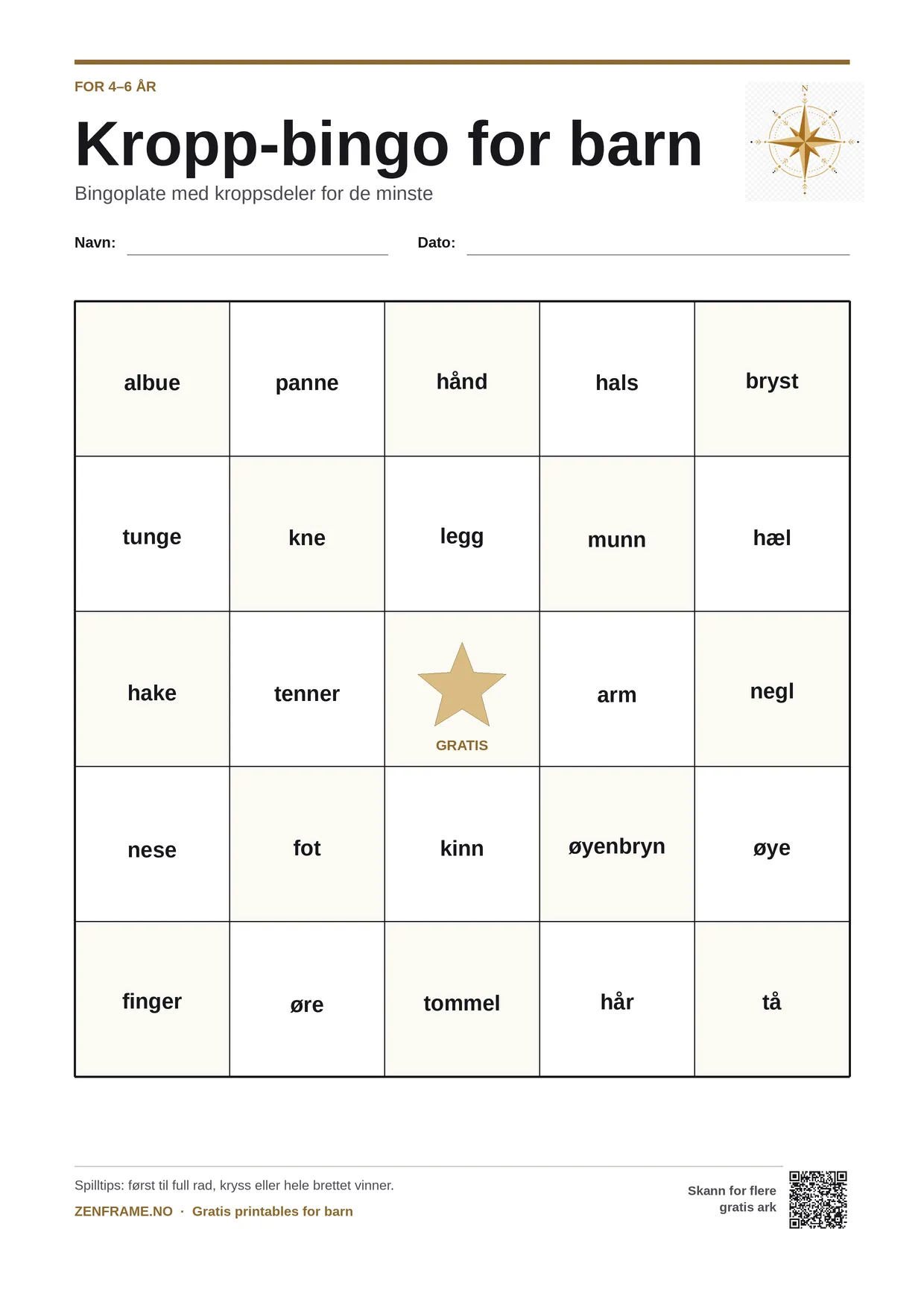 Kropp-bingo for barn 4–6 år – gratis utskrivbart A4-brett