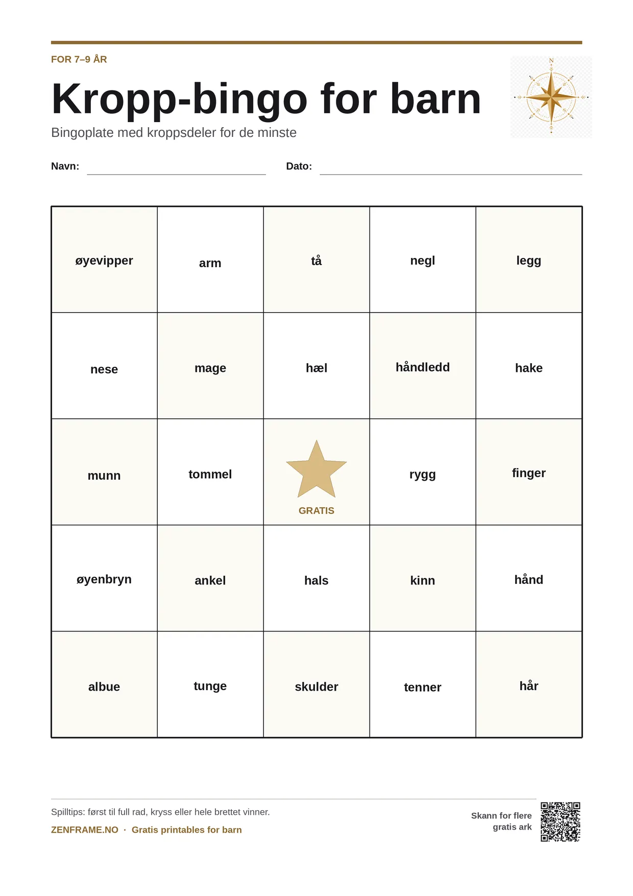 Kropp-bingo for barn 7–9 år – gratis utskrivbart A4-brett
