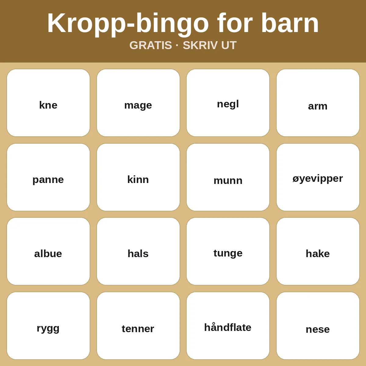 Kropp-bingo for barn – gratis bingo til utskrift for barn