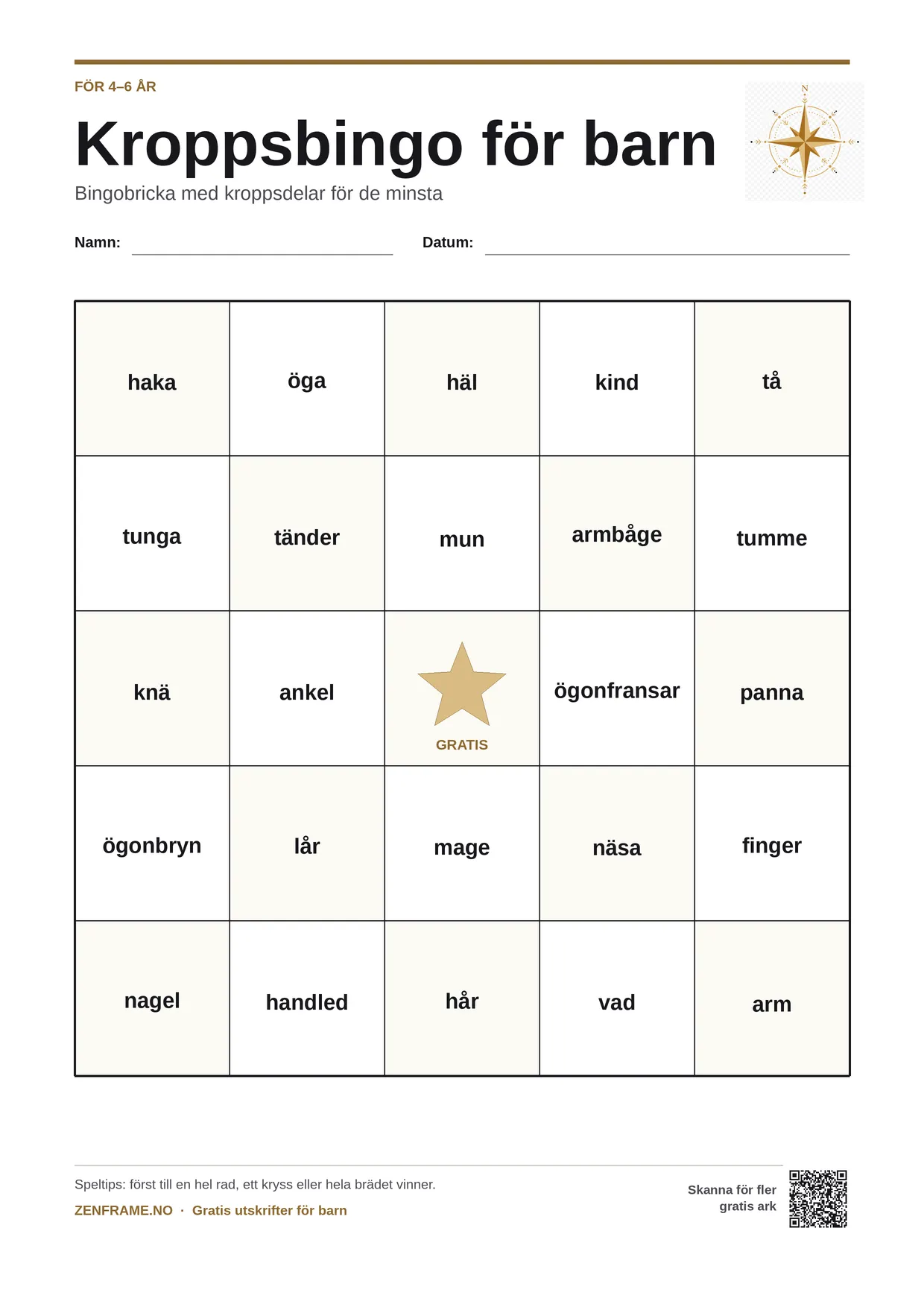 Kroppsbingo för barn 4–6 år – gratis utskrivbart A4-bräde