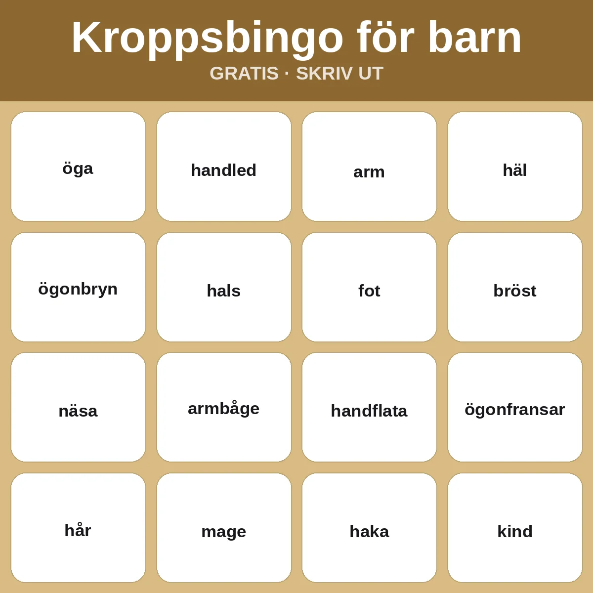 Kroppsbingo för barn – gratis bingo att skriva ut för barn