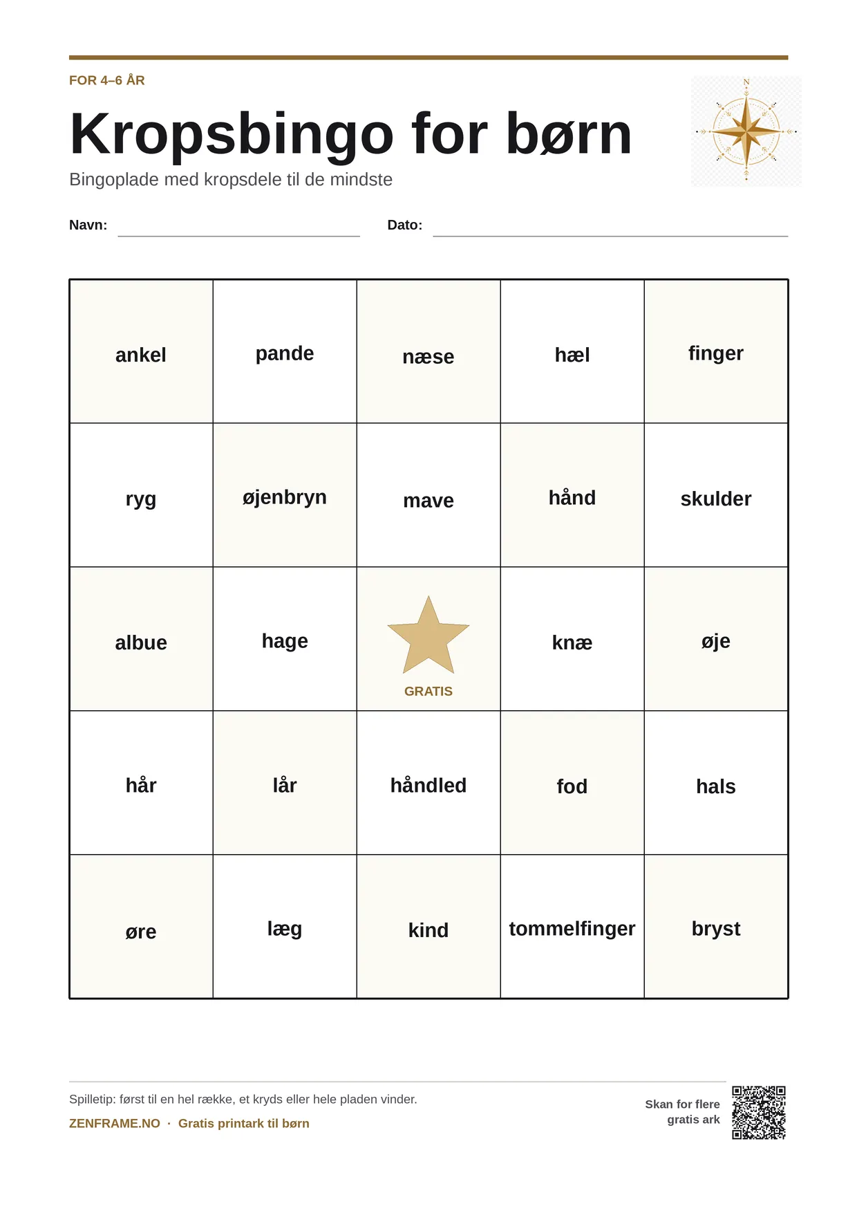 Kropsbingo for børn 4–6 år – gratis printbar A4-plade