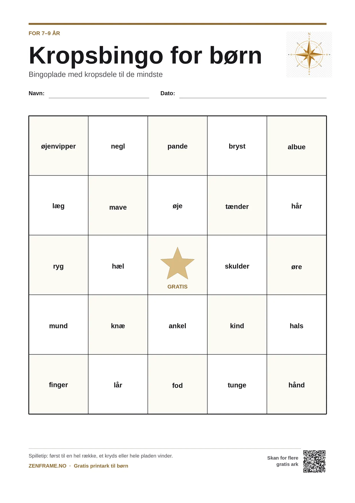 Kropsbingo for børn 7–9 år – gratis printbar A4-plade
