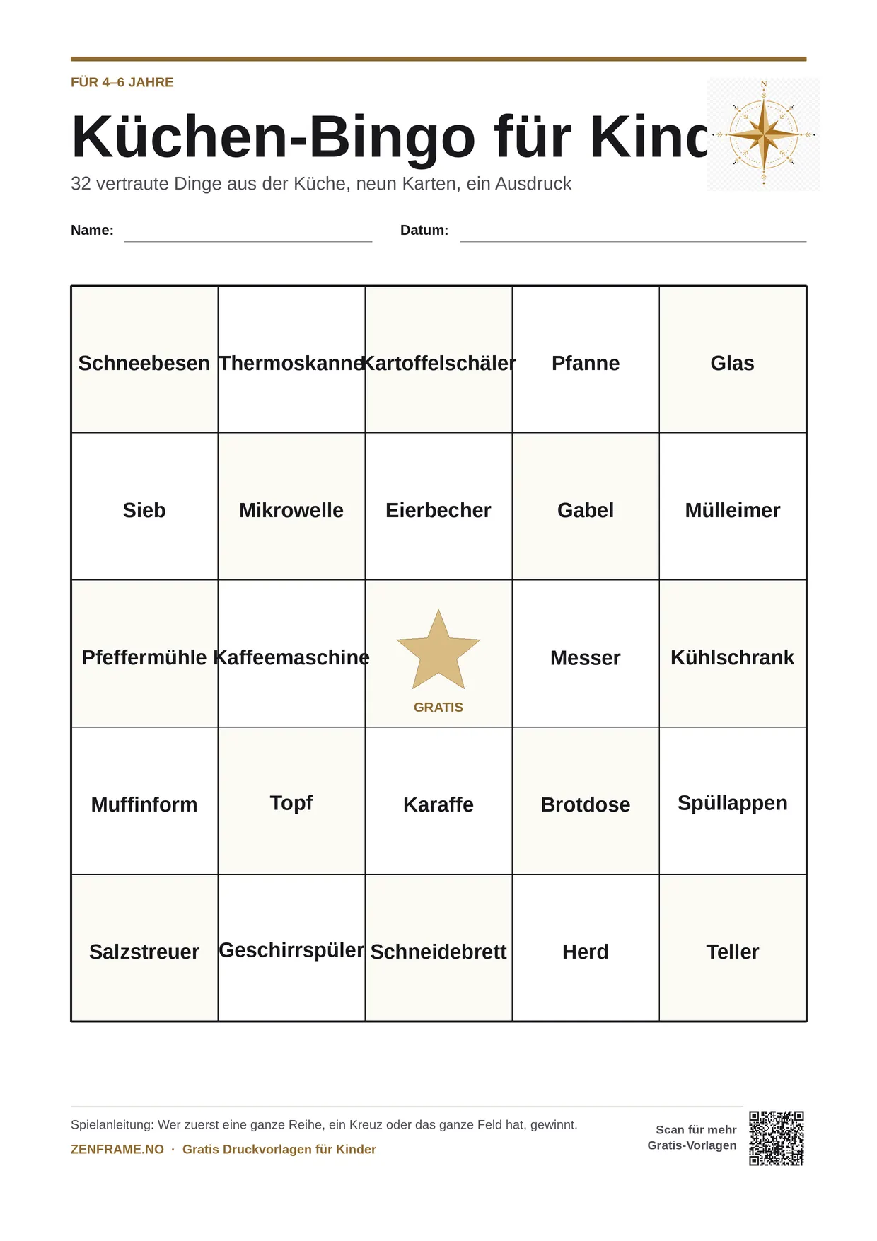 Küchen-Bingo für Kinder 4–6 Jahre – kostenlose A4-Vorlage zum Ausdrucken
