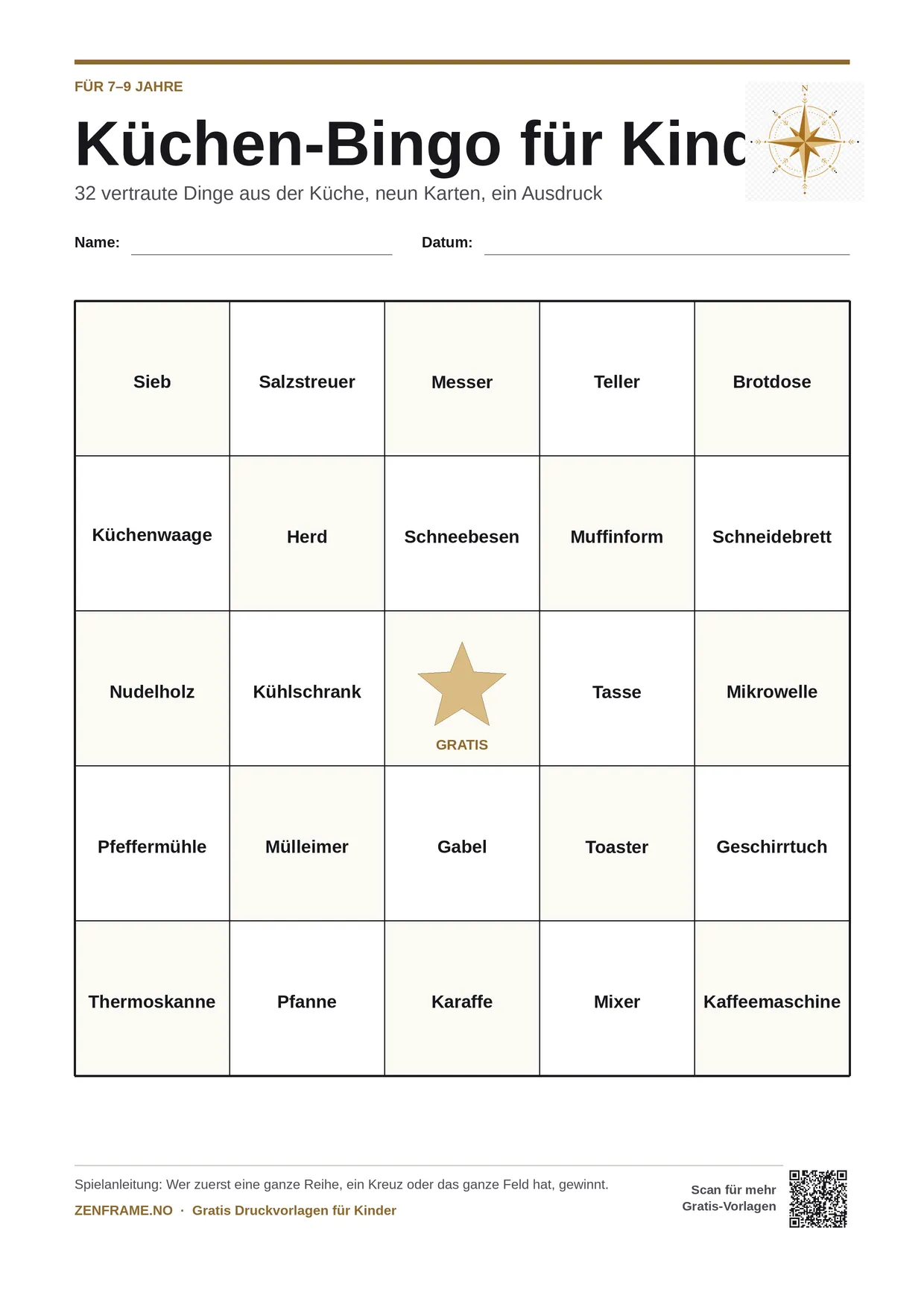 Küchen-Bingo für Kinder 7–9 Jahre – kostenlose A4-Vorlage zum Ausdrucken