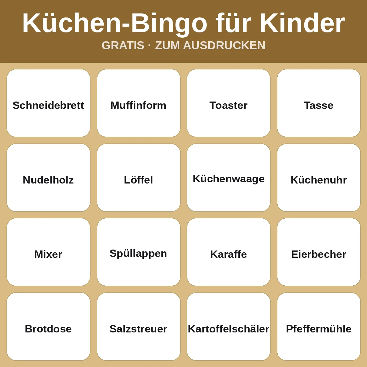 Küchen-Bingo für Kinder – kostenloses Bingo zum Ausdrucken für Kinder