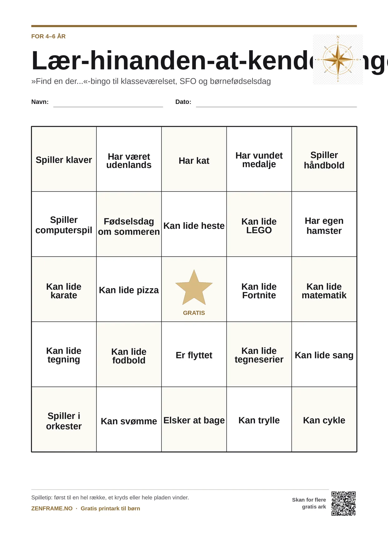 Lær-hinanden-at-kende bingo for børn 4–6 år – gratis printbar A4-plade