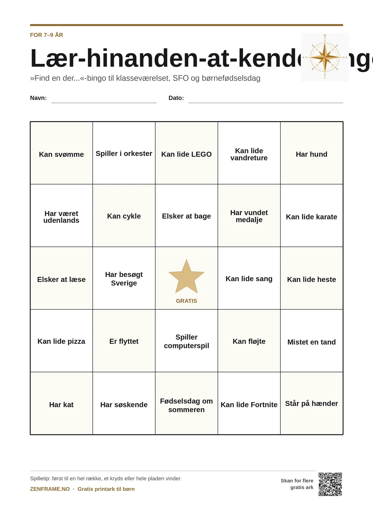 Lær-hinanden-at-kende bingo for børn 7–9 år – gratis printbar A4-plade
