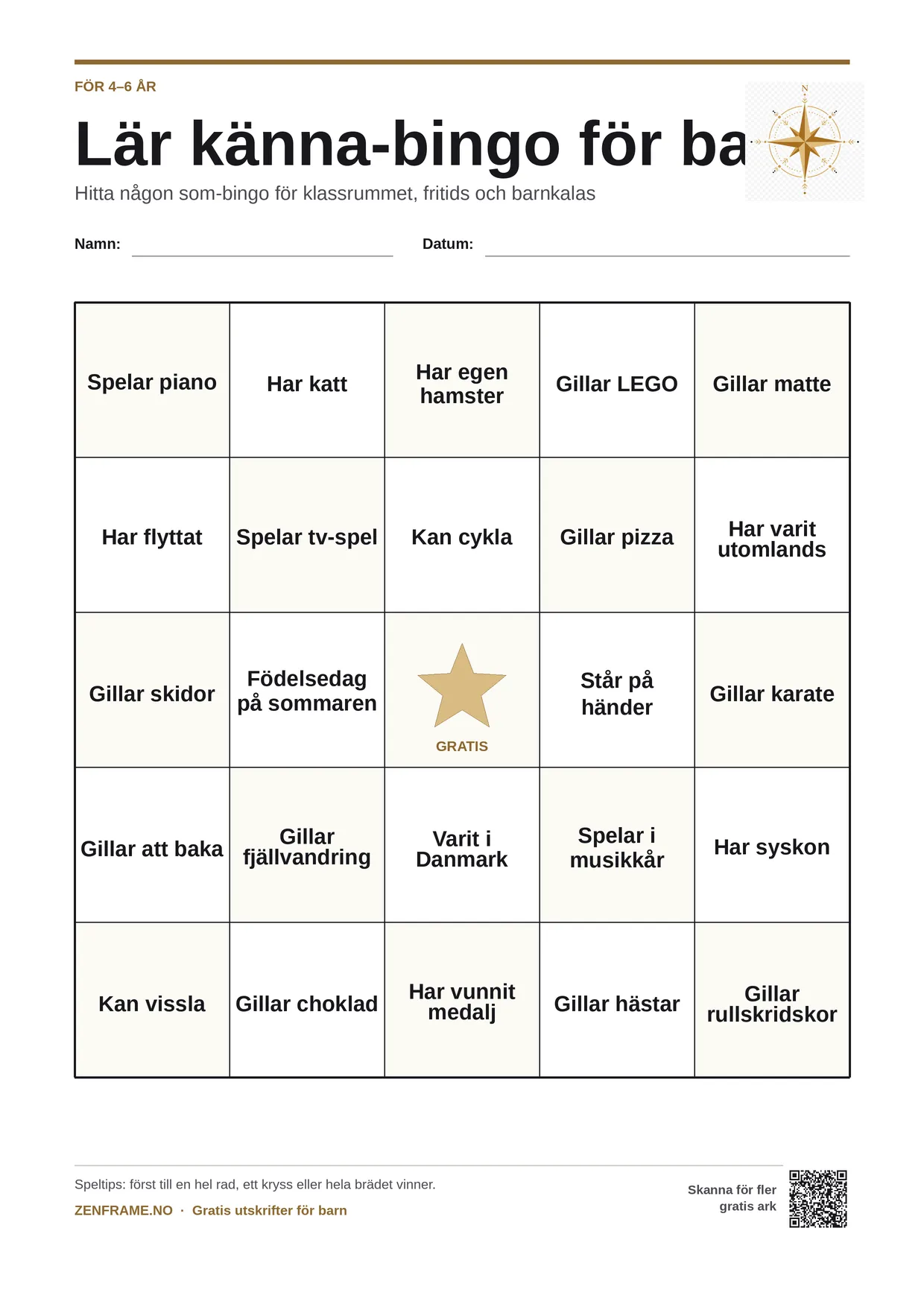 Lär känna-bingo för barn 4–6 år – gratis utskrivbart A4-bräde