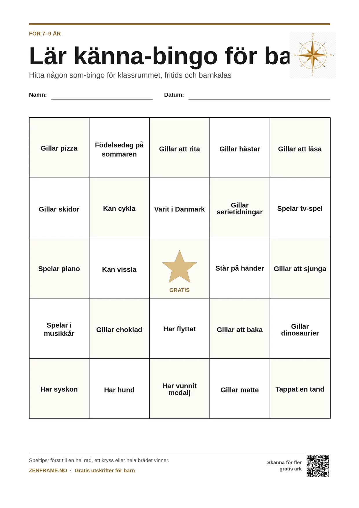 Lär känna-bingo för barn 7–9 år – gratis utskrivbart A4-bräde
