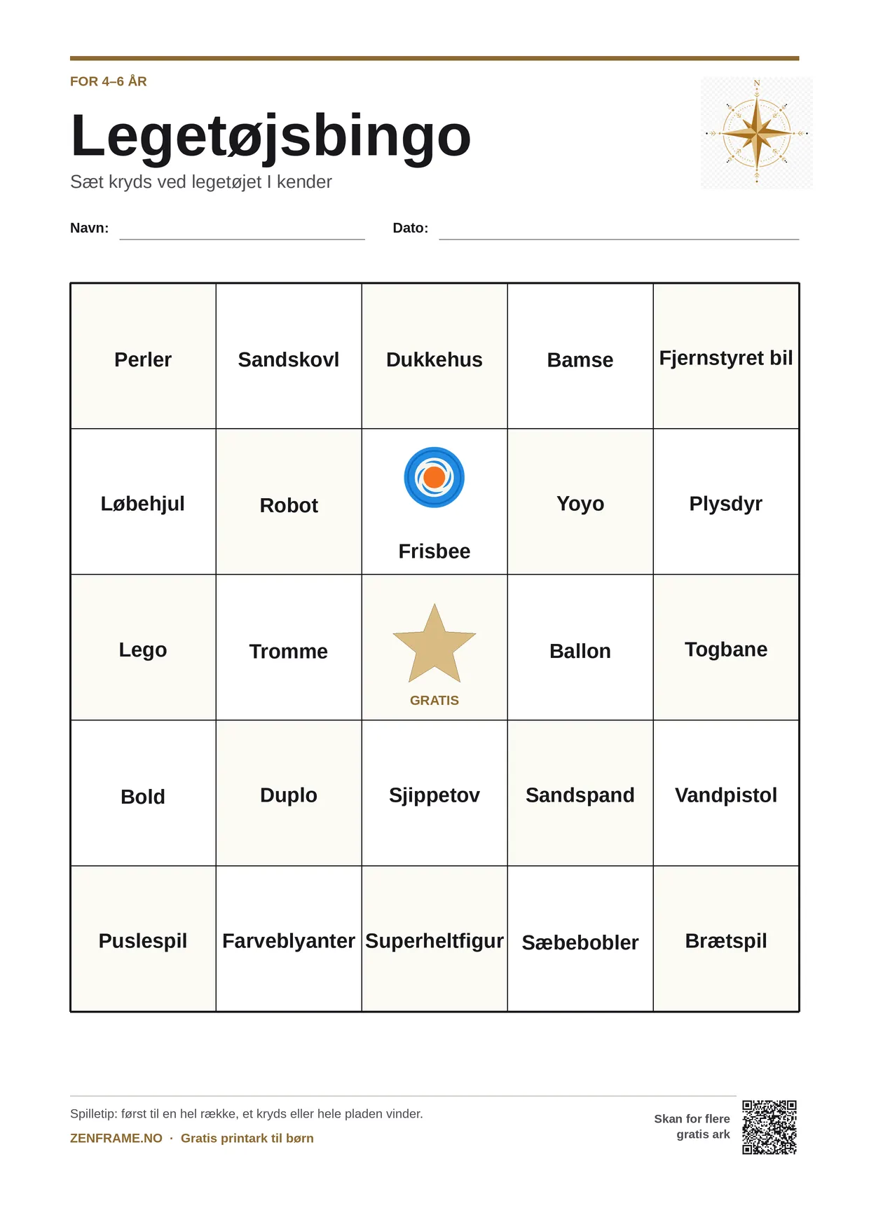 Legetøjsbingo for børn 4–6 år – gratis printbar A4-plade