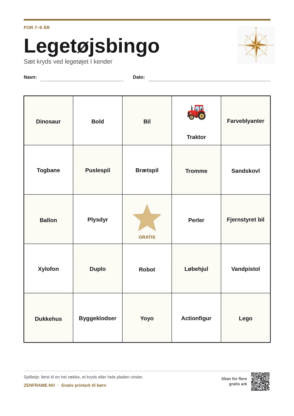 Legetøjsbingo for børn 7–9 år – gratis printbar A4-plade