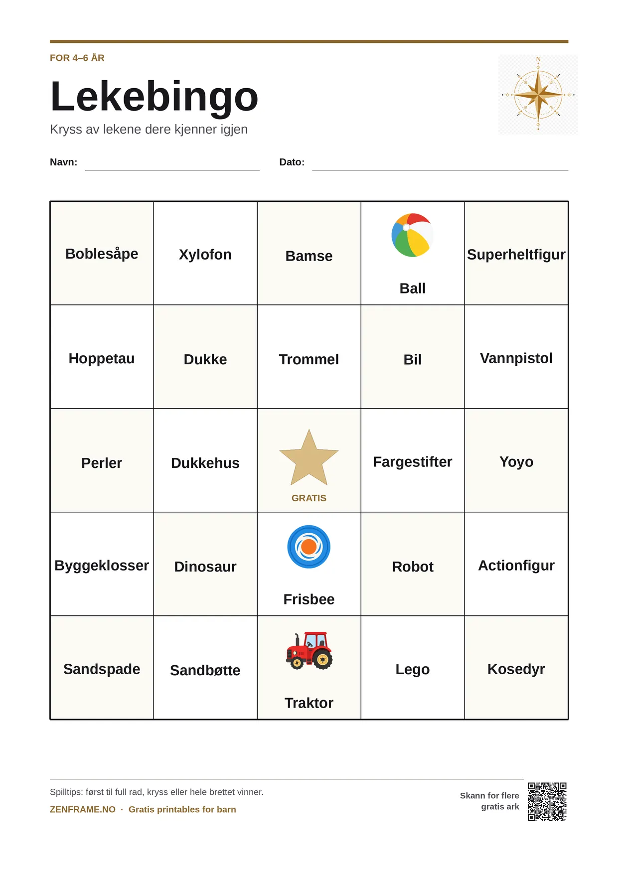 Lekebingo for barn 4–6 år – gratis utskrivbart A4-brett