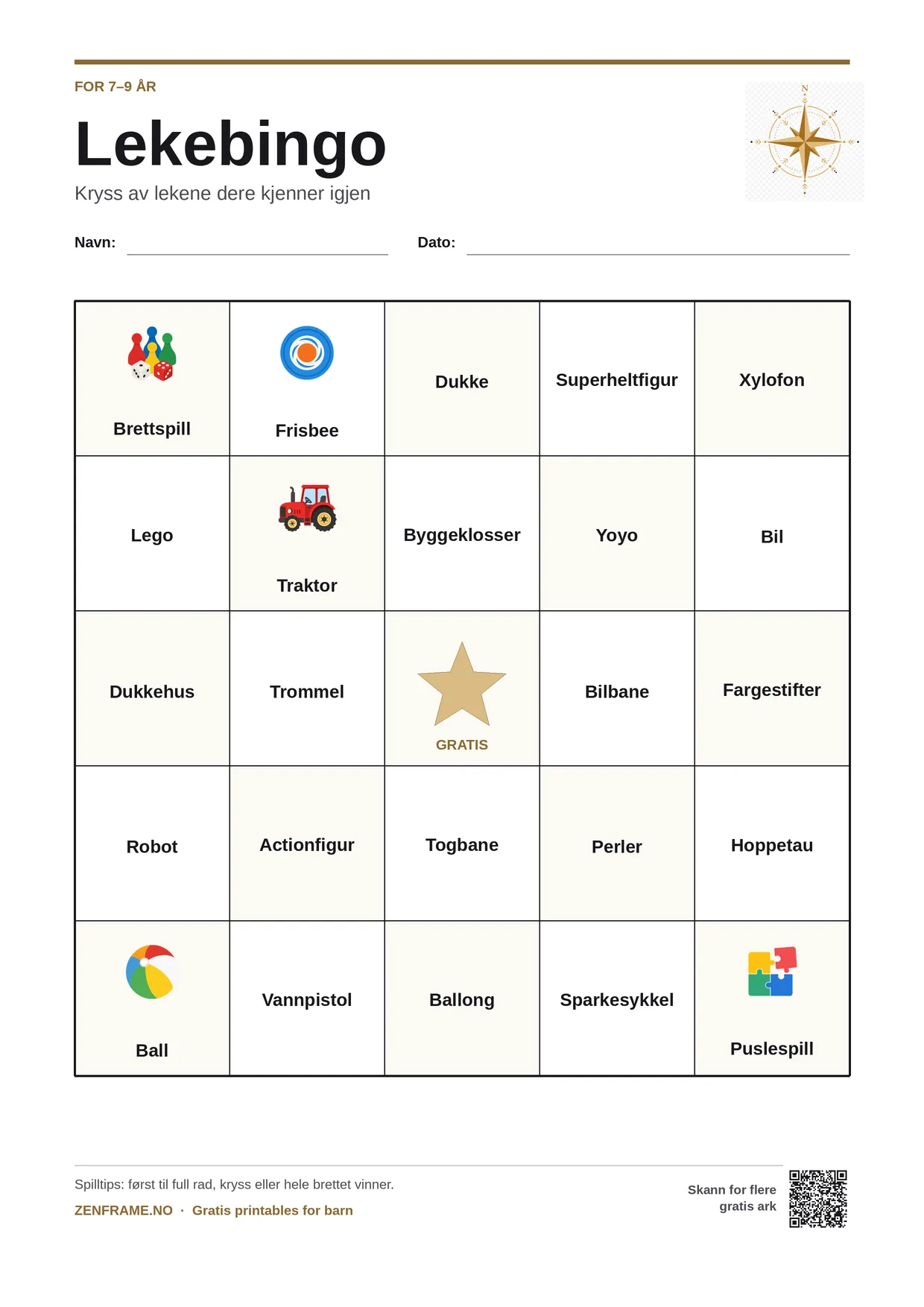 Lekebingo for barn 7–9 år – gratis utskrivbart A4-brett