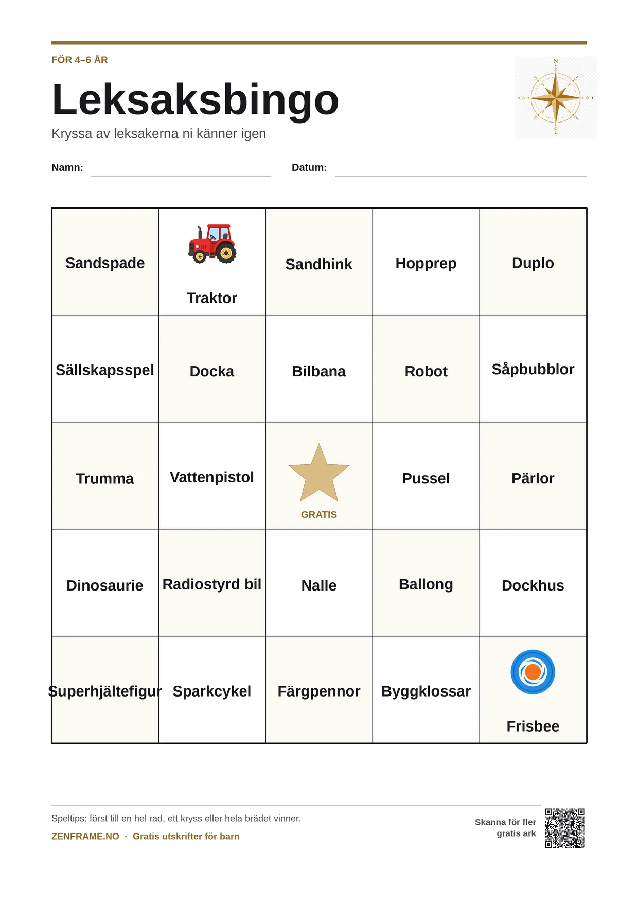 Leksaksbingo för barn 4–6 år – gratis utskrivbart A4-bräde