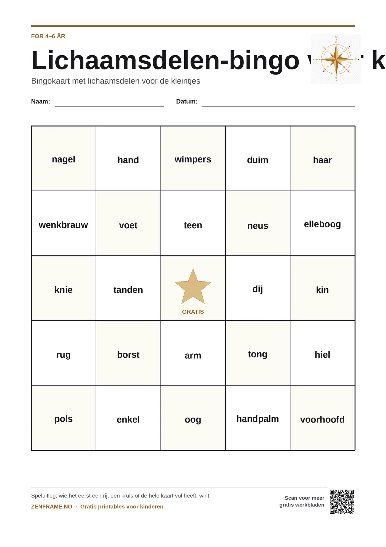 Lichaamsdelen-bingo voor kinderen 4–6 jaar – gratis printbare A4-kaart