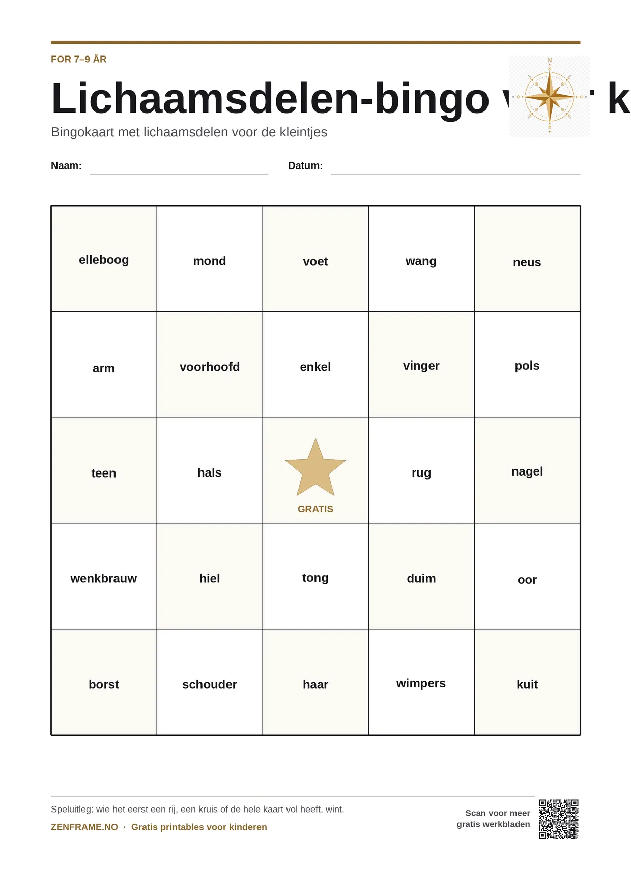 Lichaamsdelen-bingo voor kinderen 7–9 jaar – gratis printbare A4-kaart