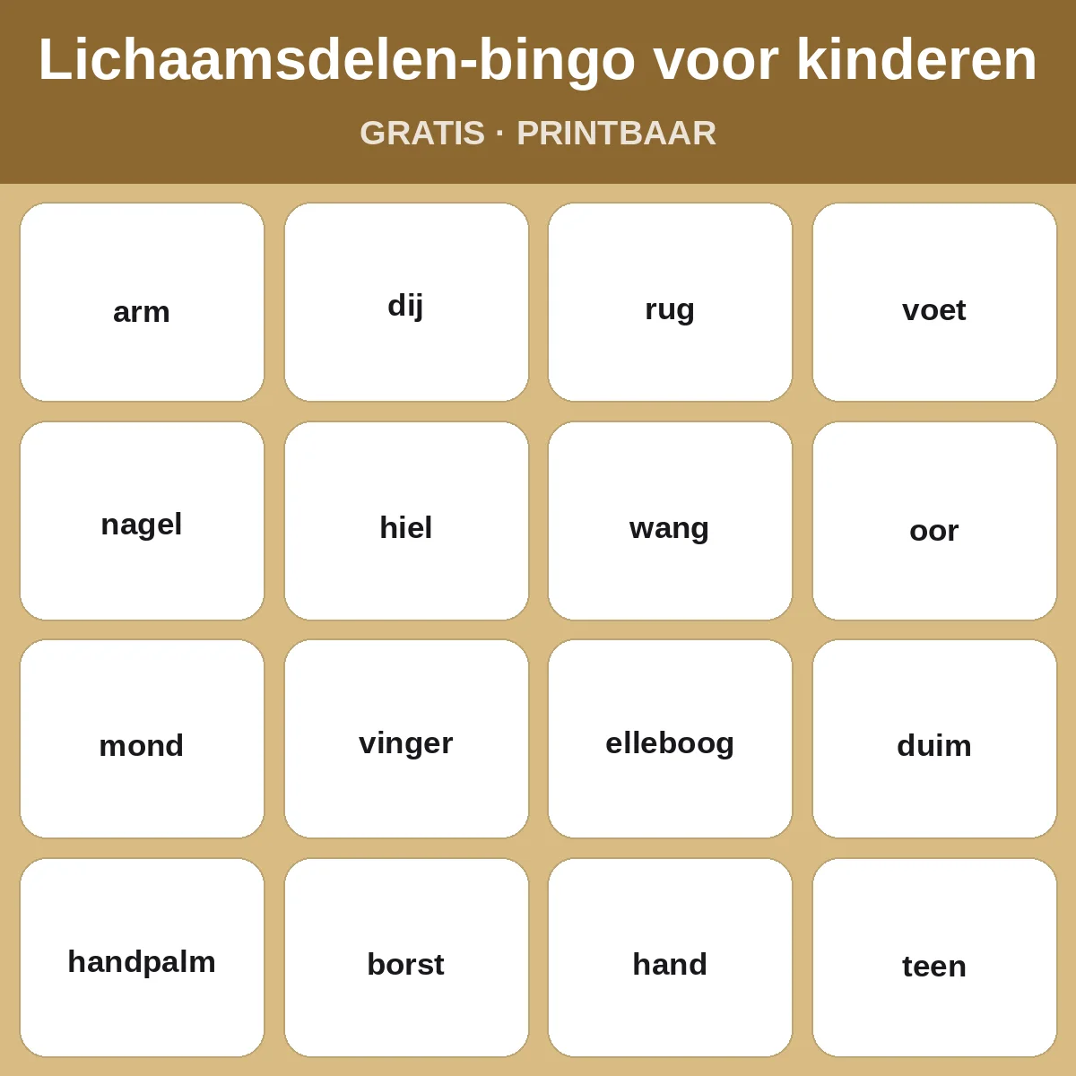 Lichaamsdelen-bingo voor kinderen – gratis bingo om te printen voor kinderen