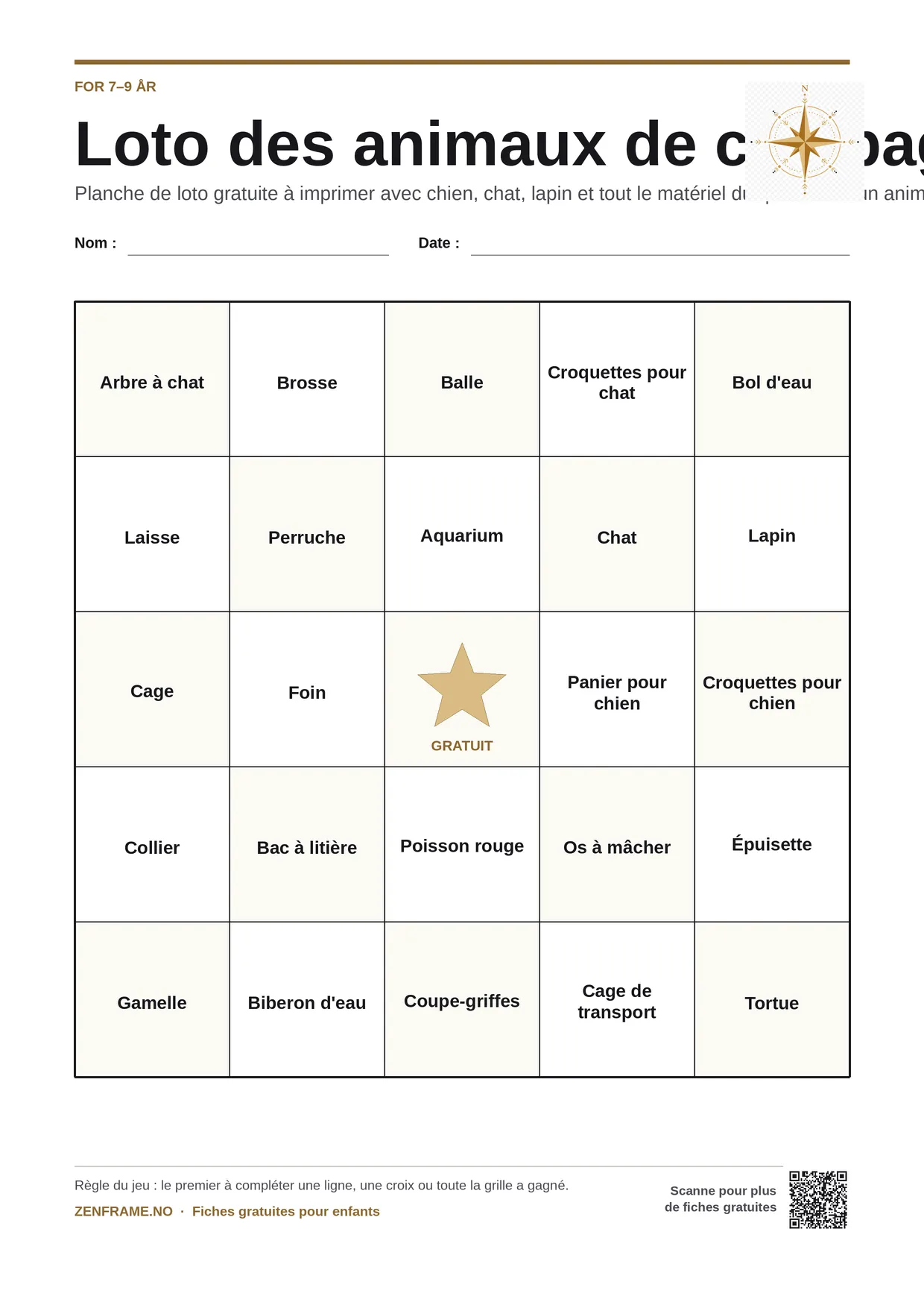 Loto des animaux de compagnie pour les enfants pour enfants 7–9 ans – planche A4 gratuite à imprimer