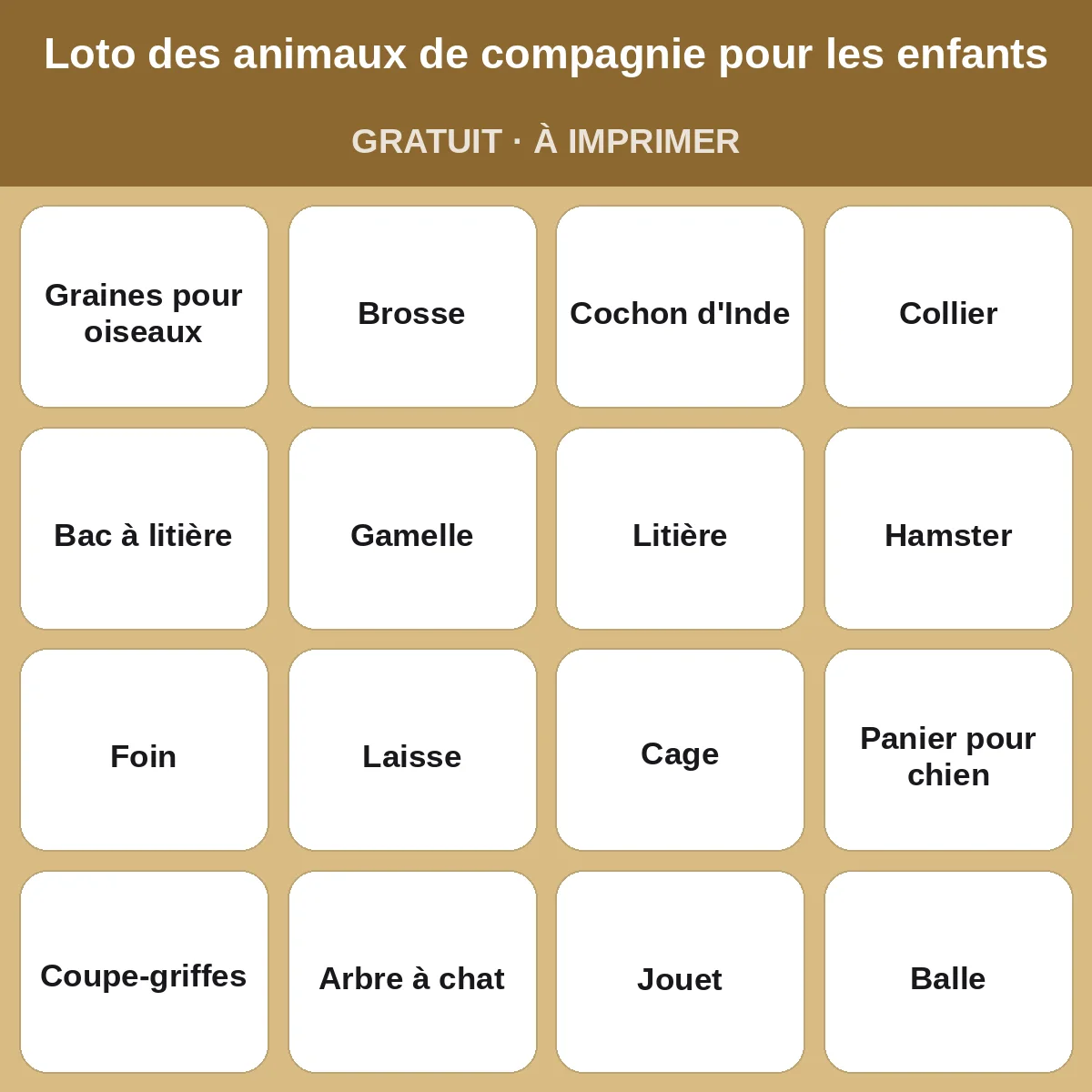 Loto des animaux de compagnie pour les enfants – bingo gratuit à imprimer pour enfants