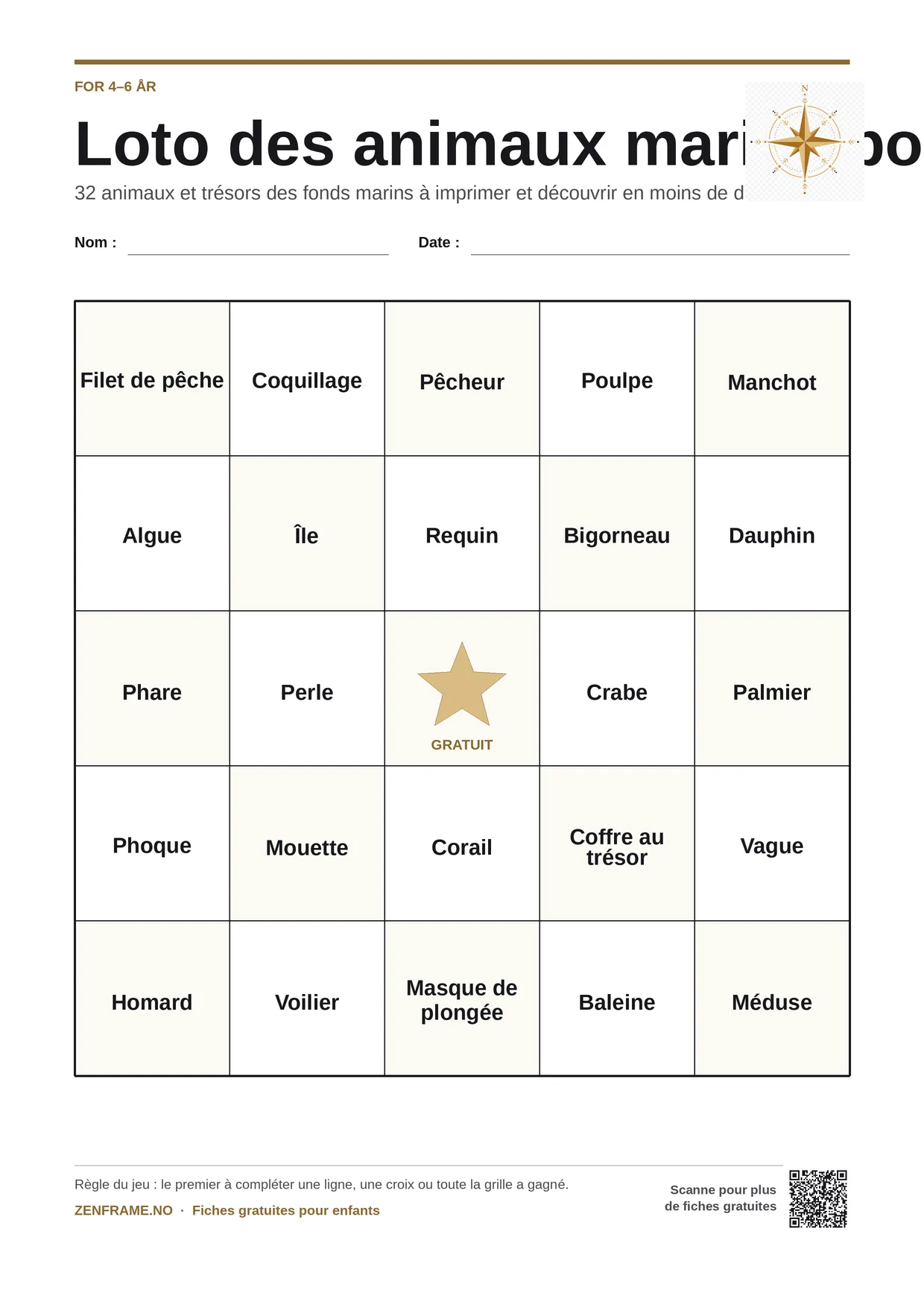 Loto des animaux marins pour enfants 4–6 ans – planche A4 gratuite à imprimer