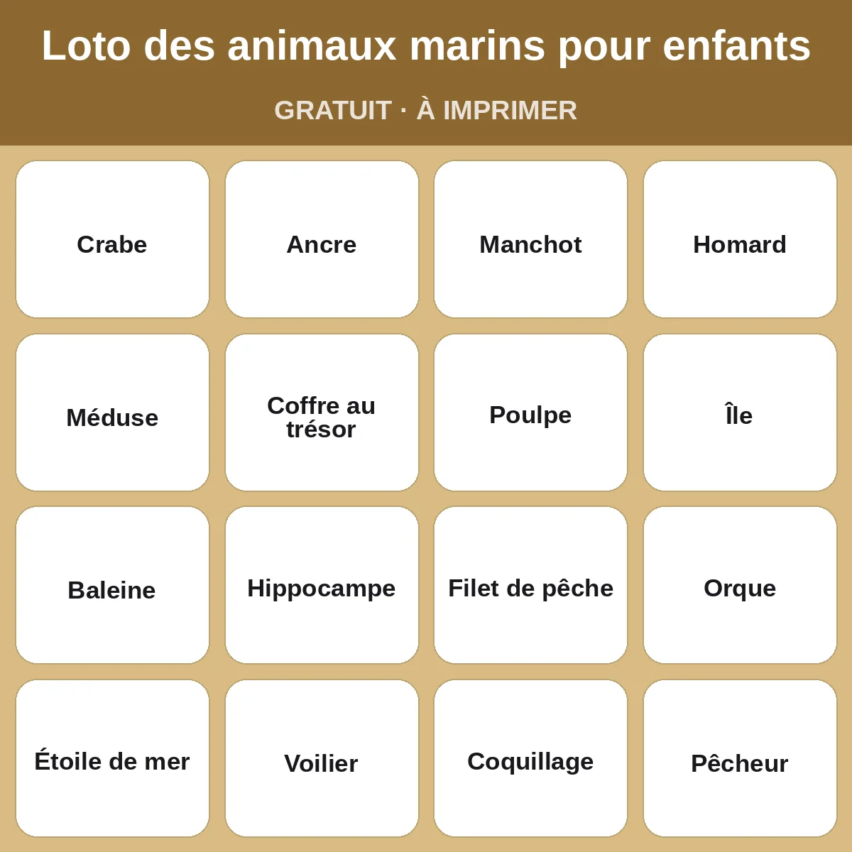 Loto des animaux marins pour enfants – bingo gratuit à imprimer pour enfants