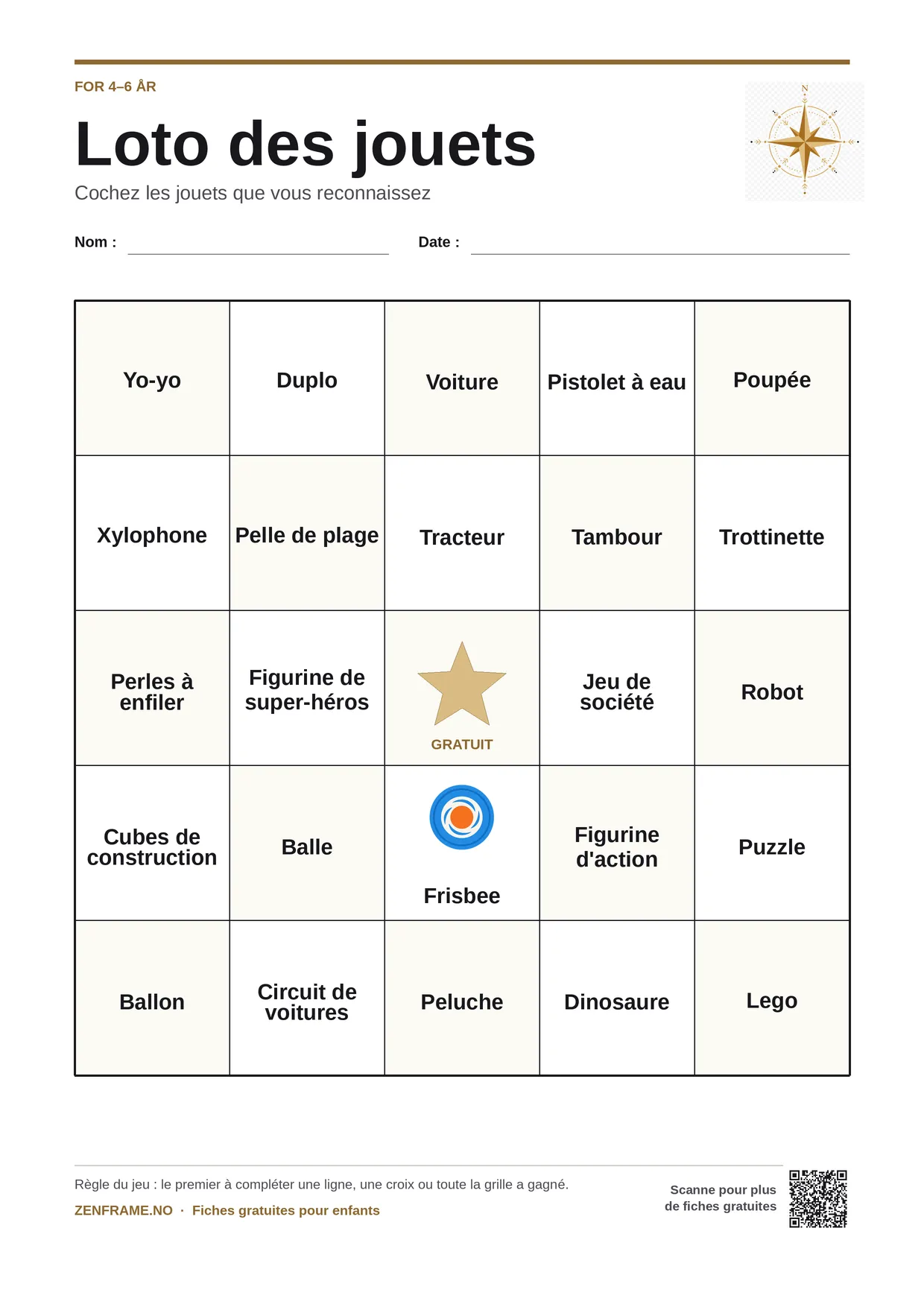 Loto des jouets pour enfants 4–6 ans – planche A4 gratuite à imprimer