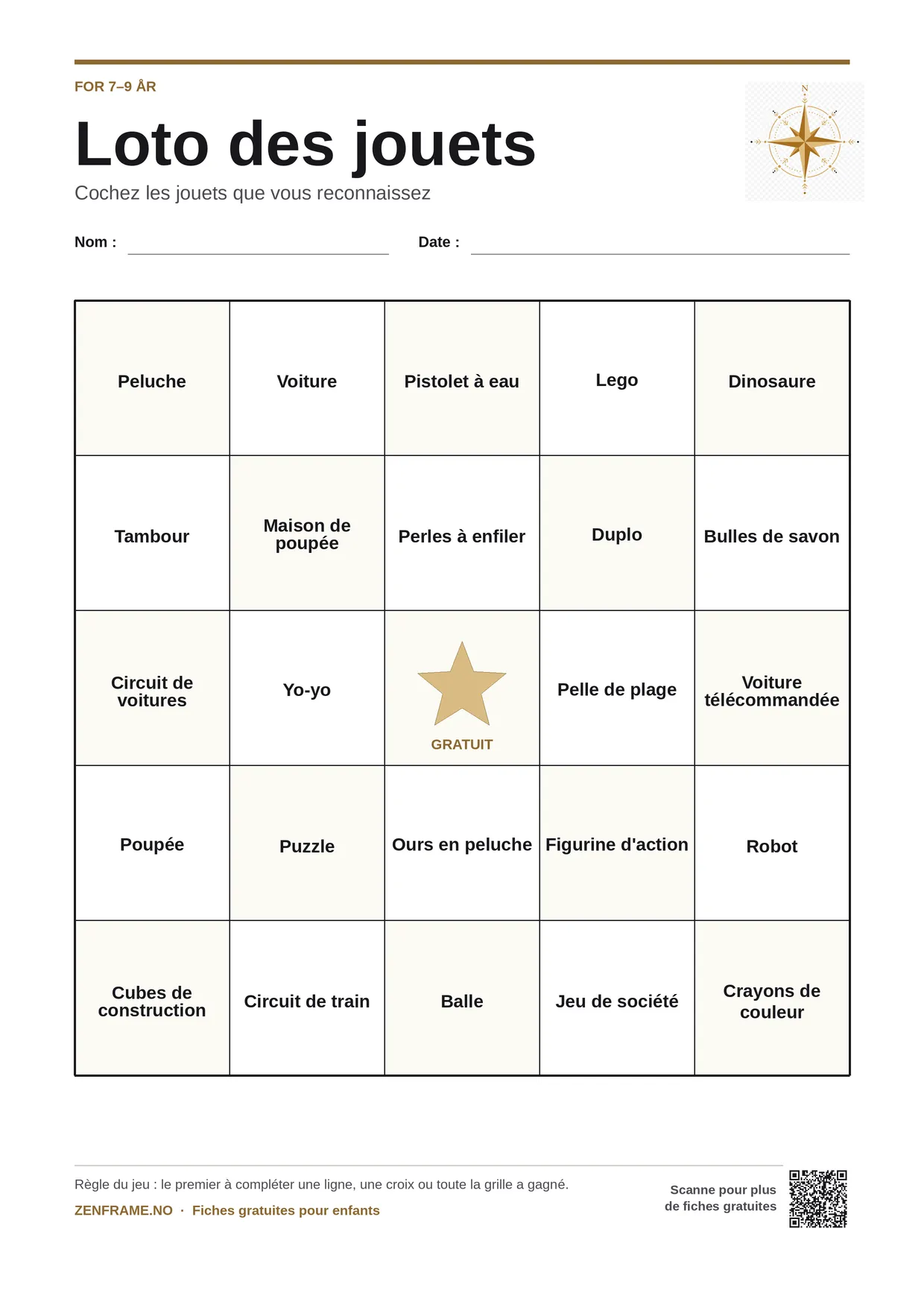 Loto des jouets pour enfants 7–9 ans – planche A4 gratuite à imprimer