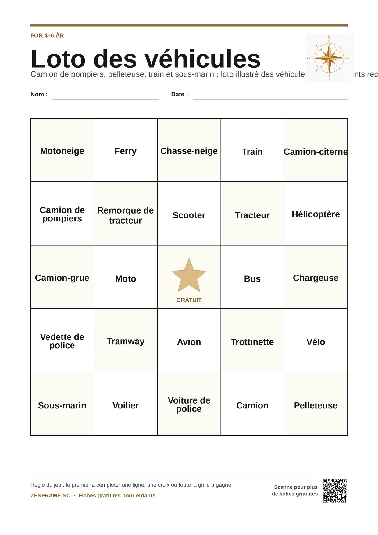 Loto des véhicules pour enfants 4–6 ans – planche A4 gratuite à imprimer